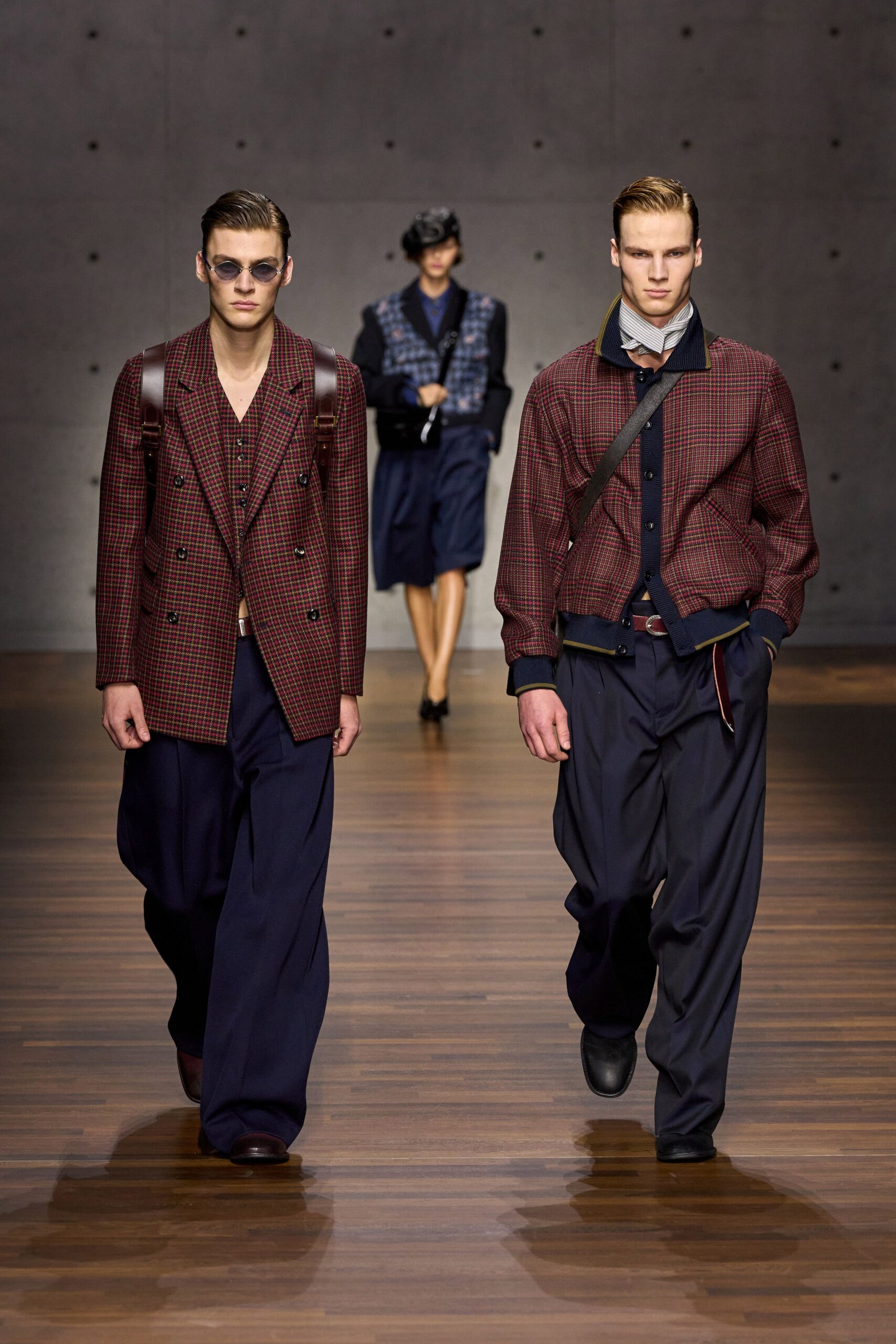 red wool long-sleeve collared tailored checked buttoned blazer