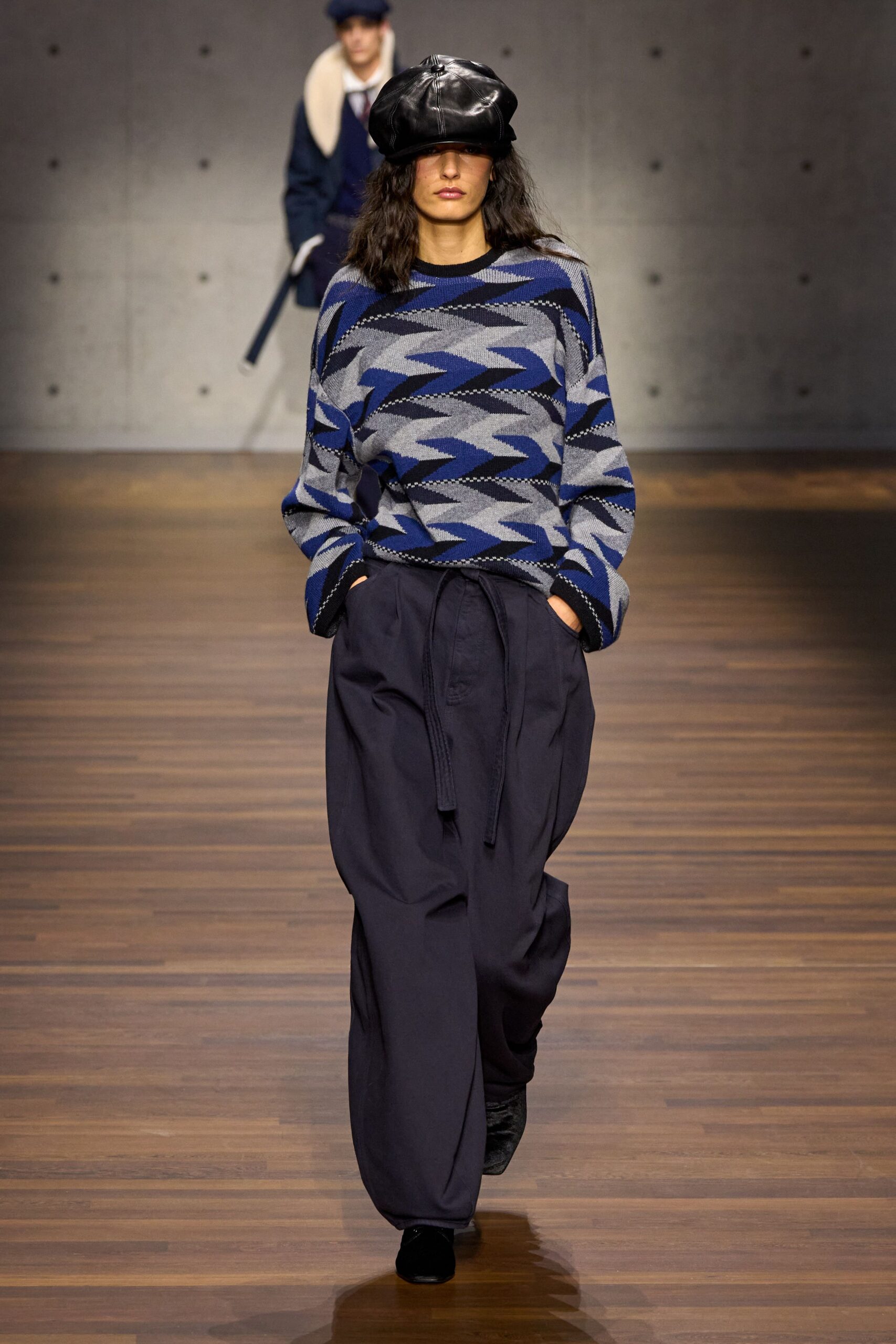 blue zigzag sweater with black pants