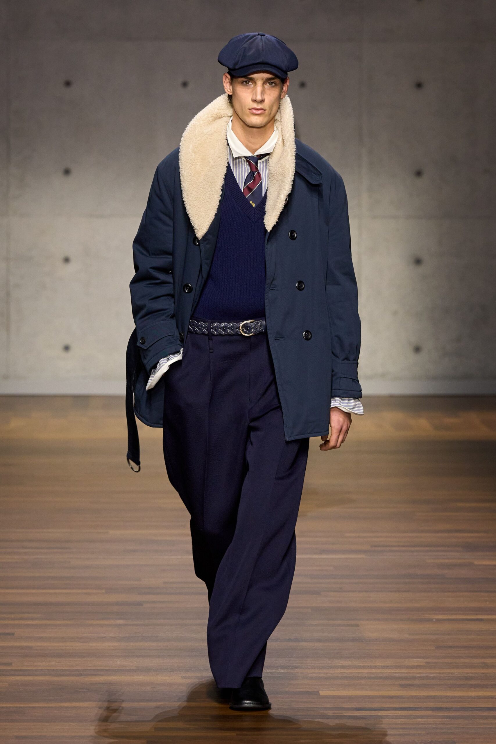 blue wool long-sleeve collared relaxed buttoned coat