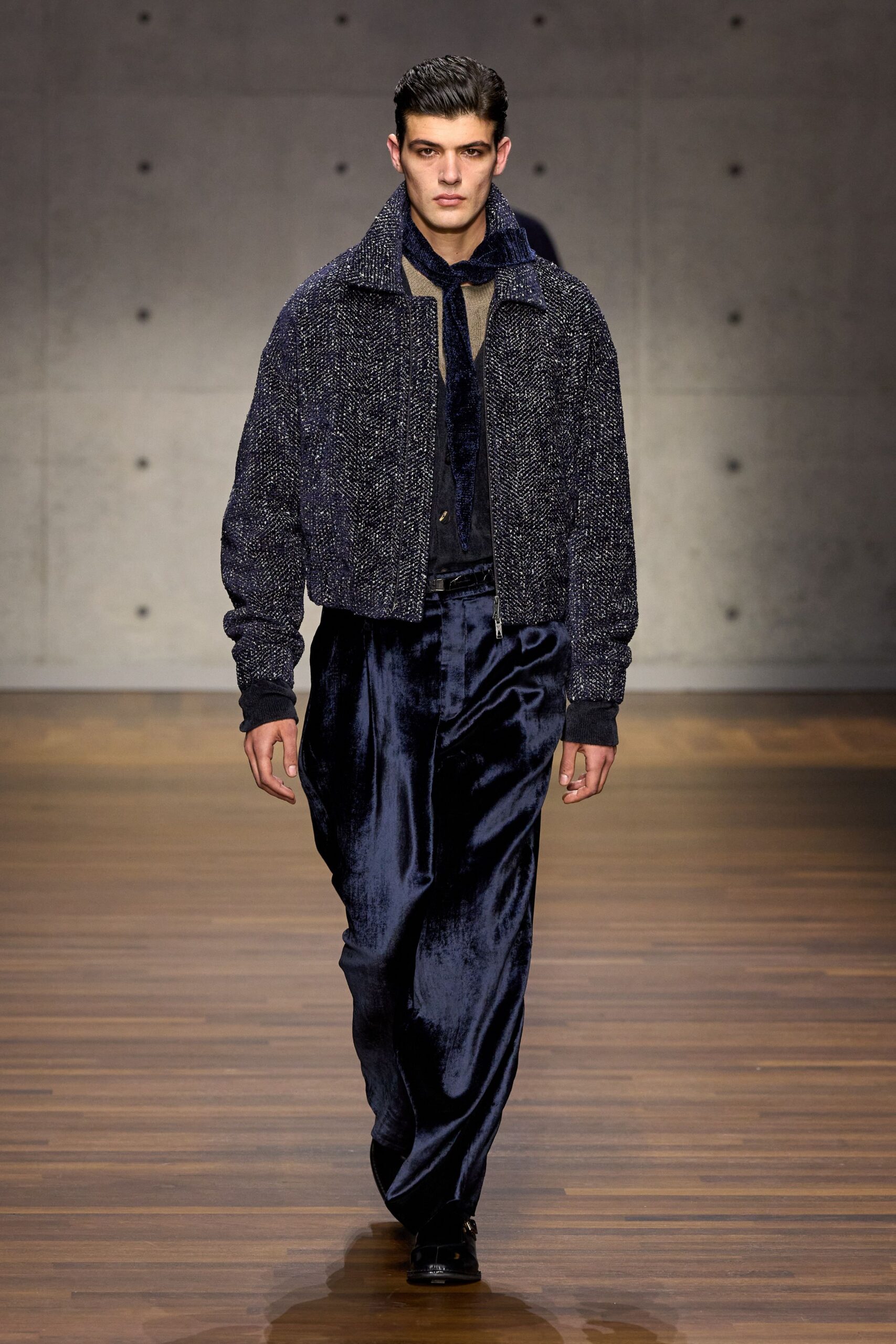 blue velvet long-sleeve collared fitted textured jacket