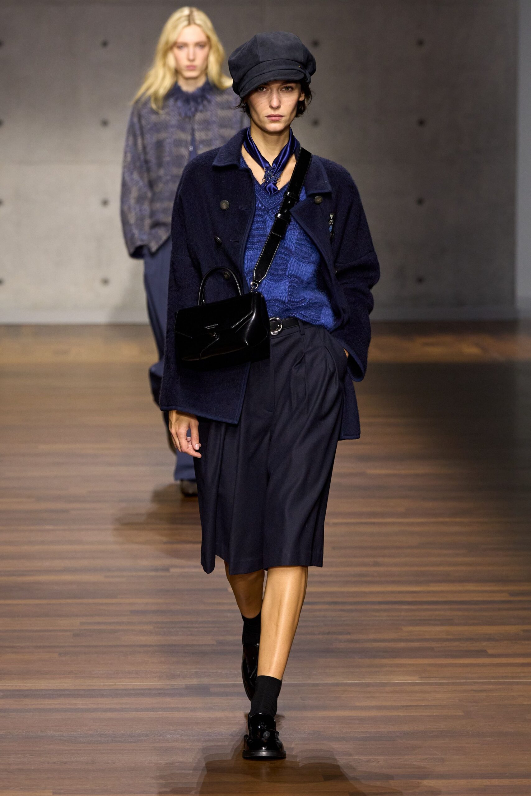 blue wool long-sleeve collared structured buttoned coat
