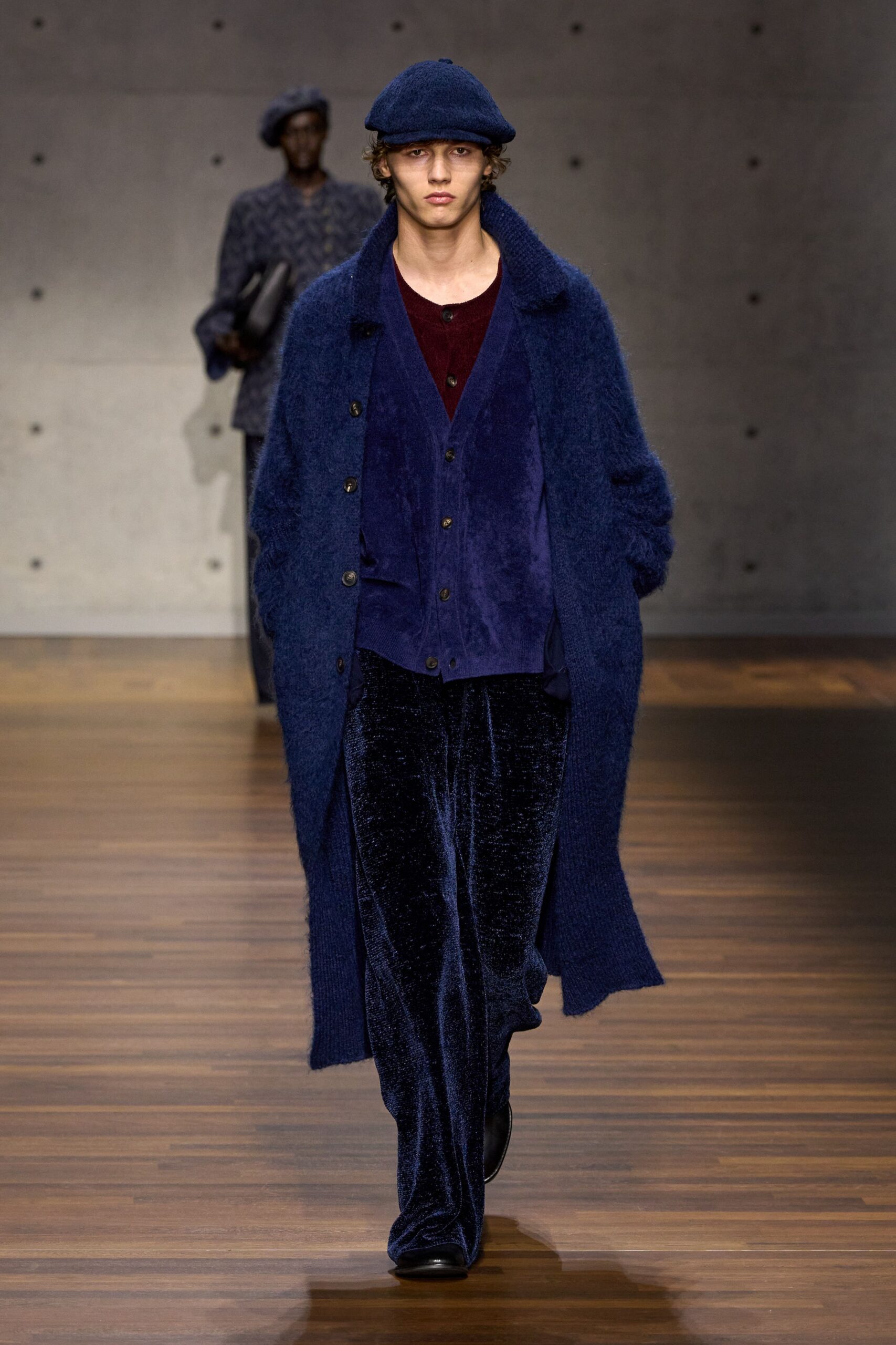 blue wool coat with velvet vest