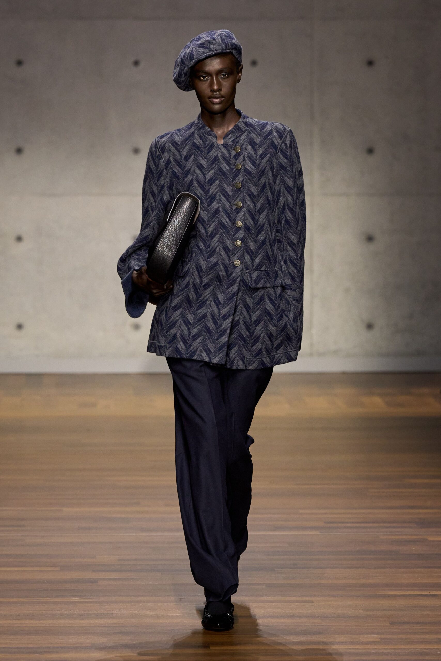 blue printed blazer with navy pants