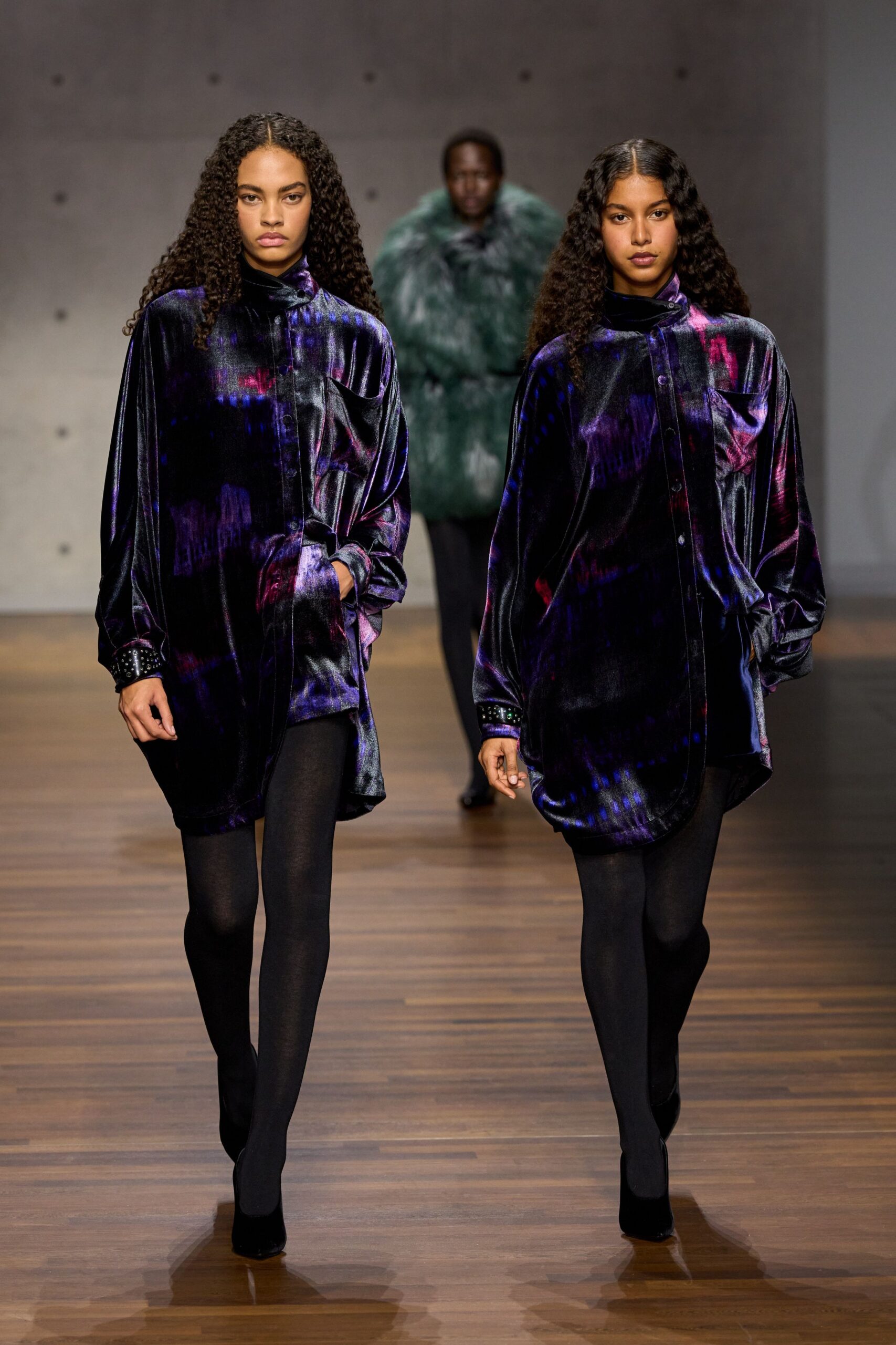 purple velvet long-sleeve collared relaxed layered shiny dress