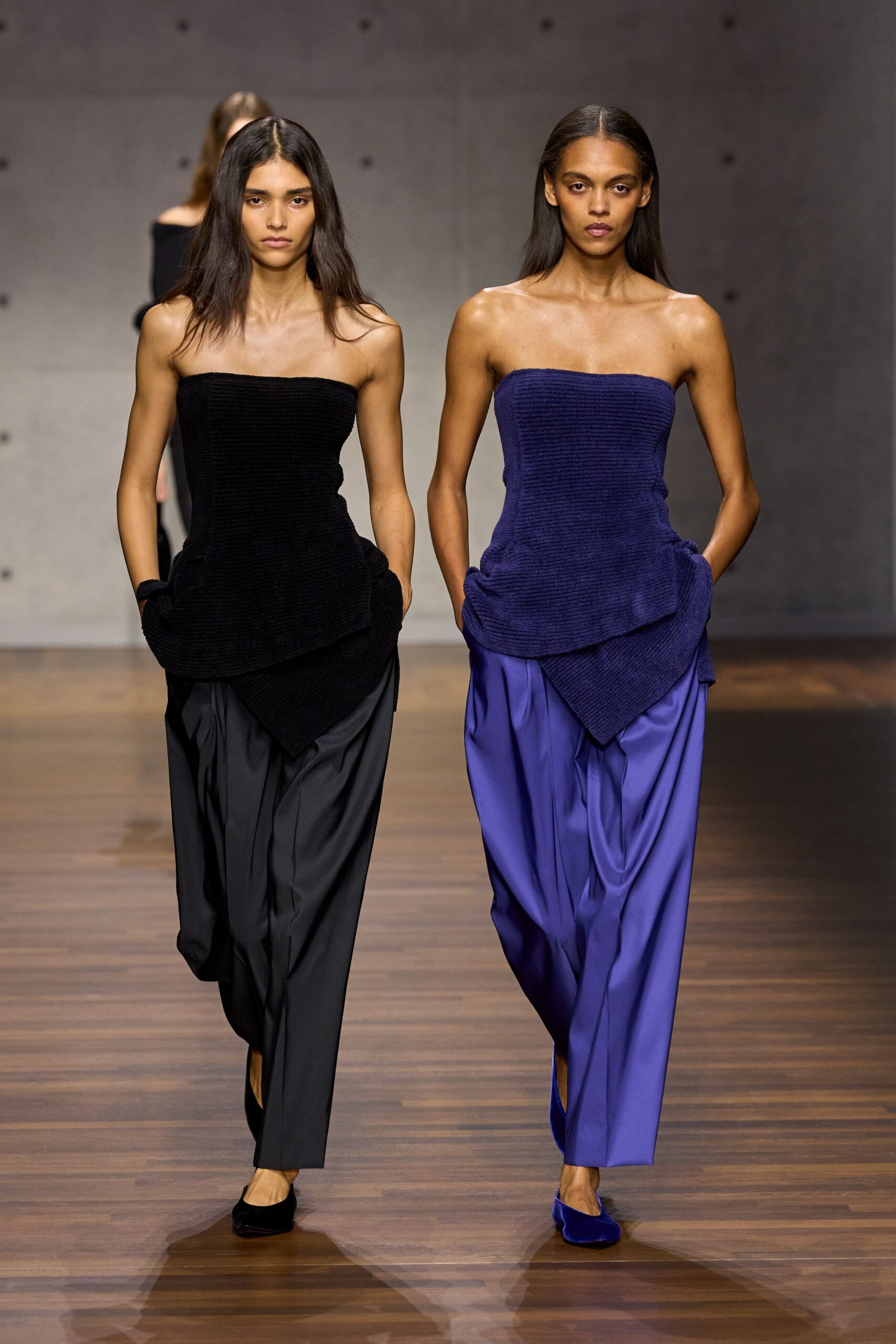 black cotton strapless fitted draped top