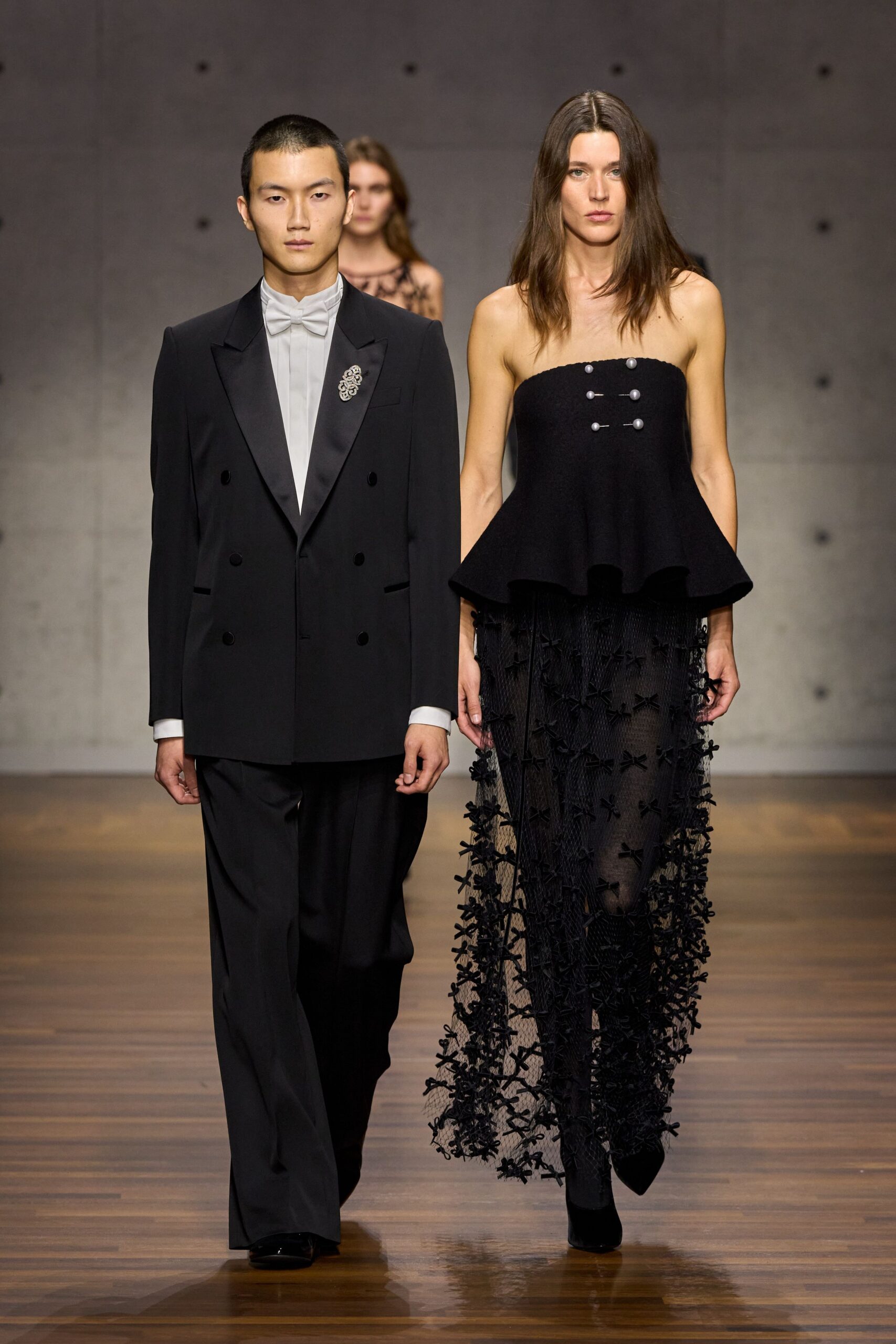 black silk strapless fitted embroidered sheer maxi gown