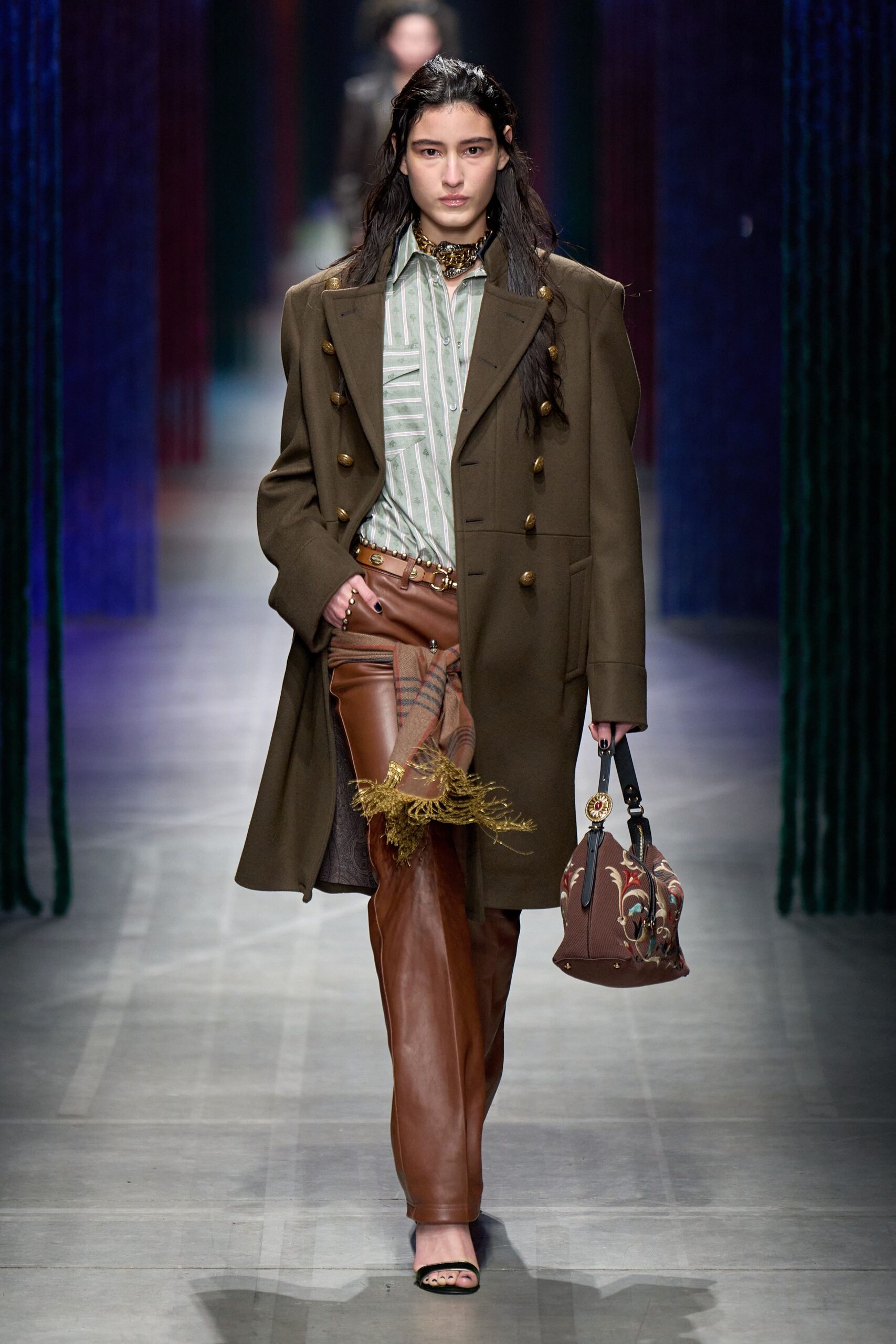 brown wool long-sleeve collared structured buttoned coat
