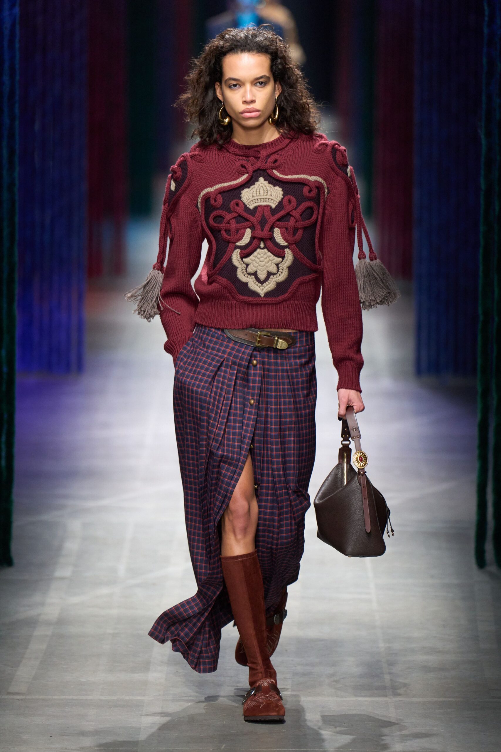 red wool long-sleeve high-neck fitted embroidered fringed sweater