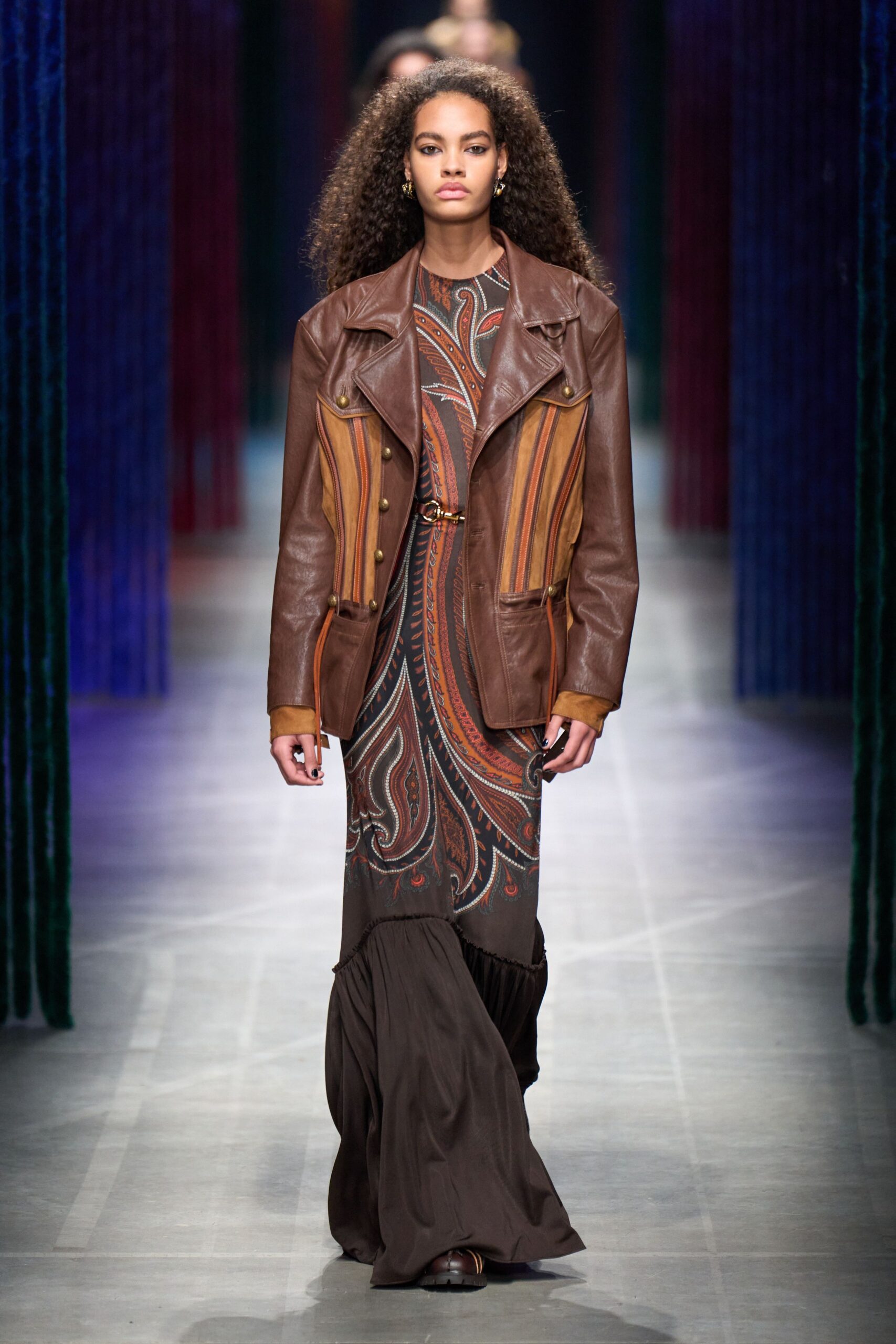 brown silk long-sleeve v-neck fitted printed tiered dress