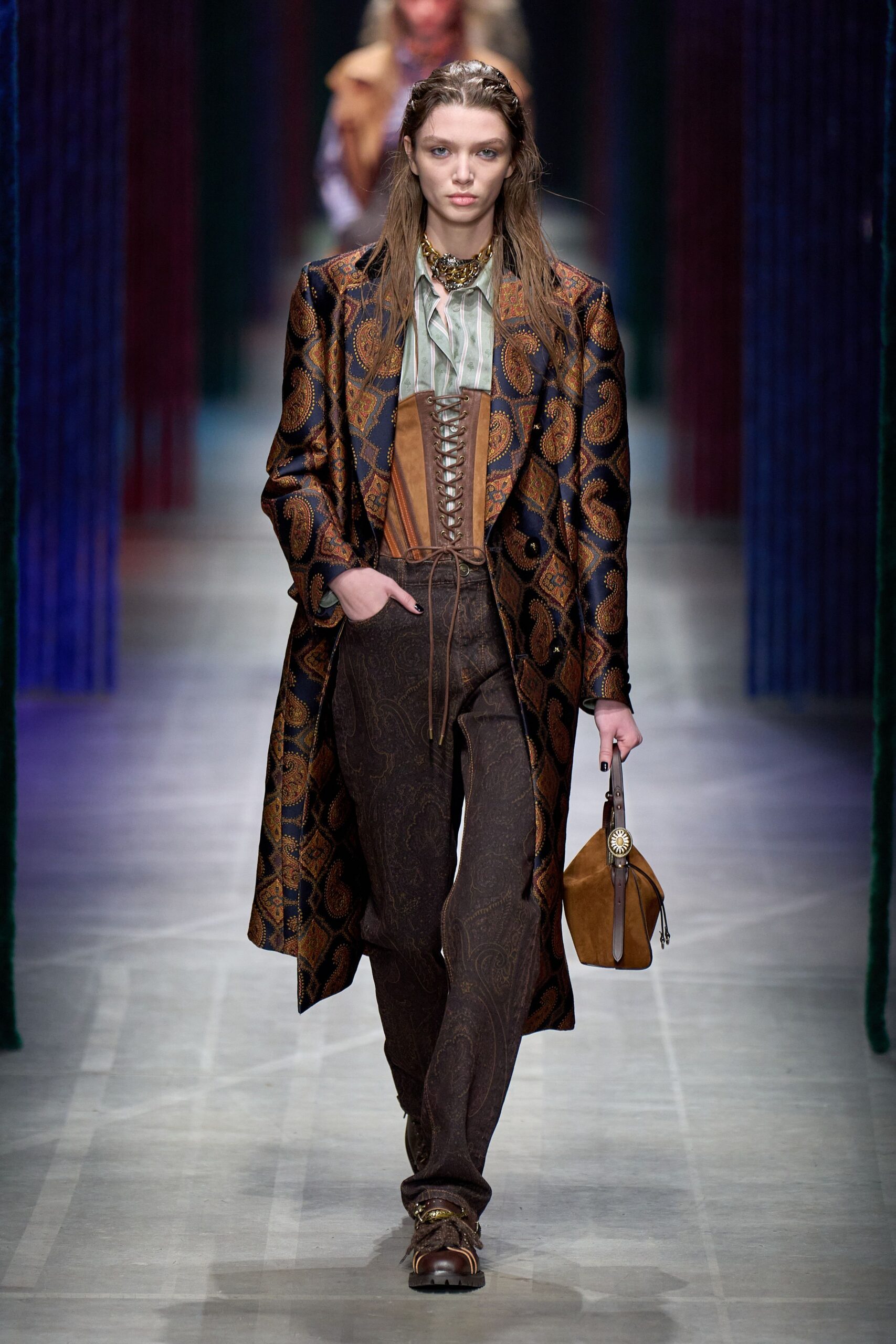 brown silk long-sleeve collared fitted printed maxi coat
