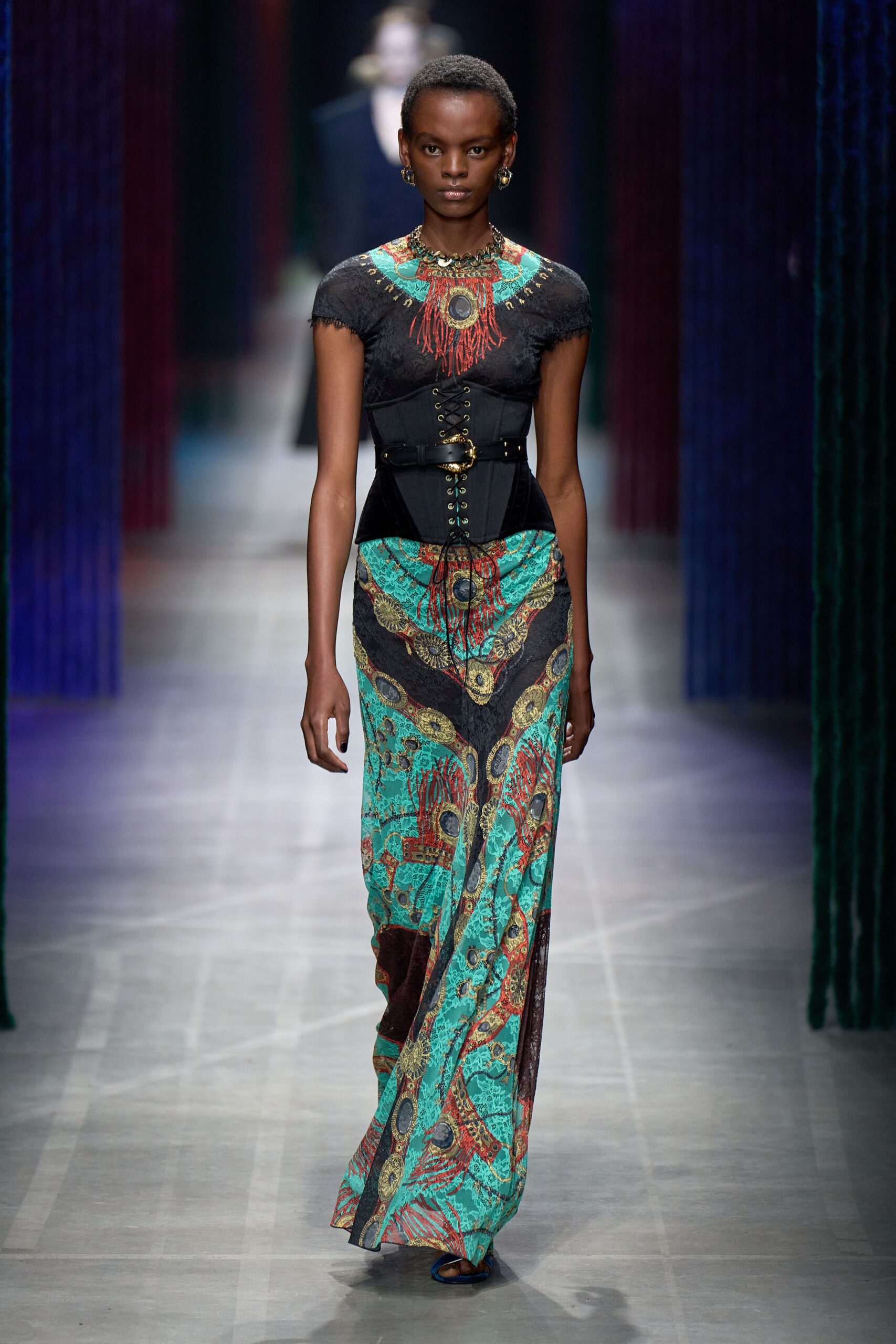 black silk sleeveless high-neck fitted printed tiered gown