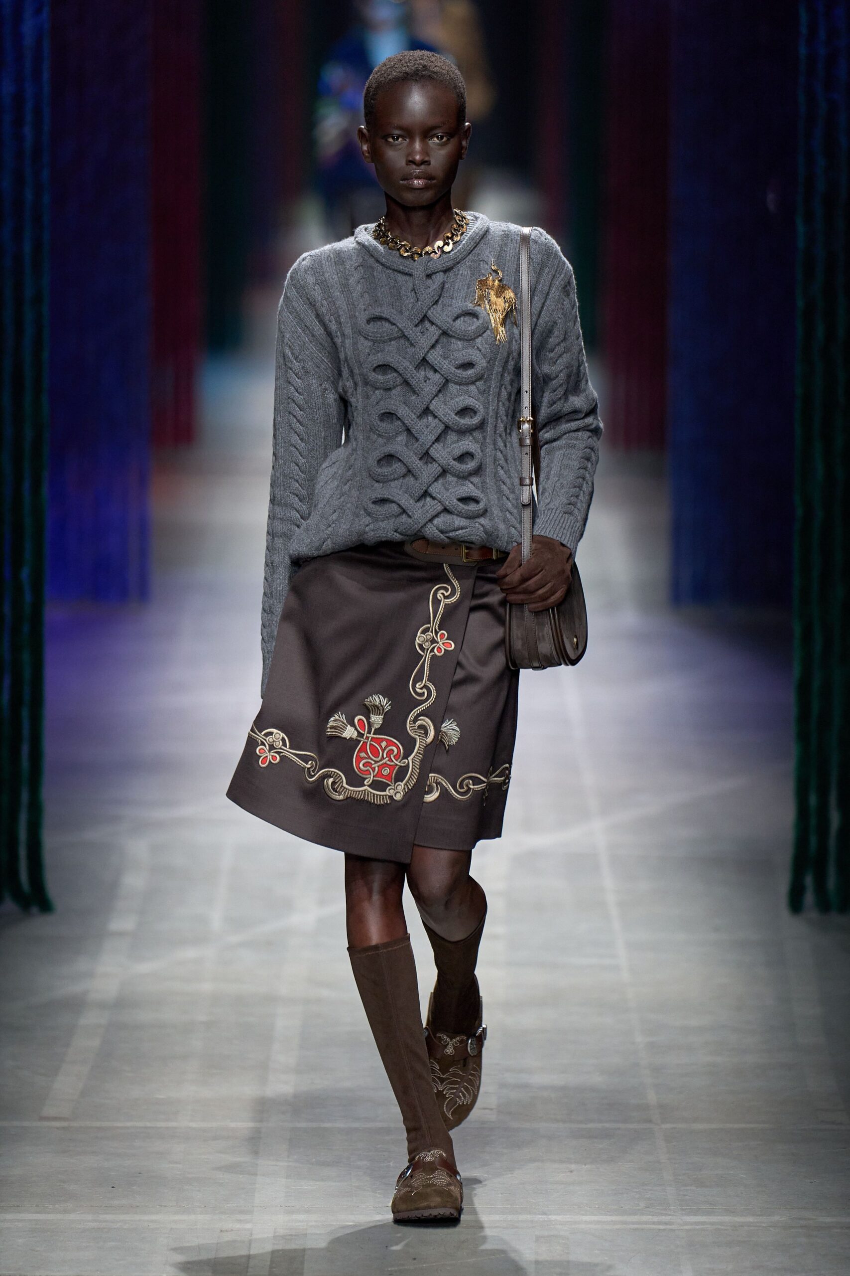 brown cotton fitted embroidered a-line mini skirt