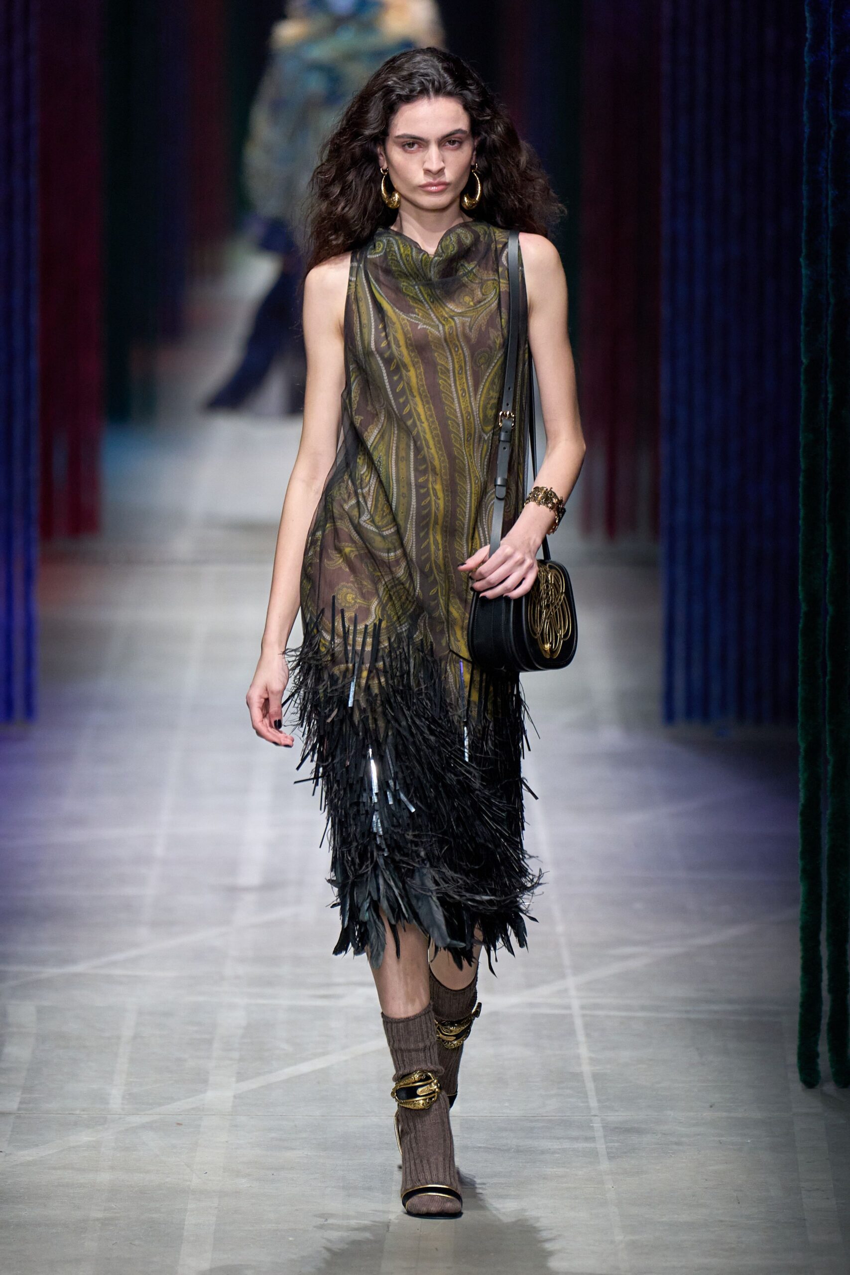 green silk sleeveless high-neck fitted fringed layered dress