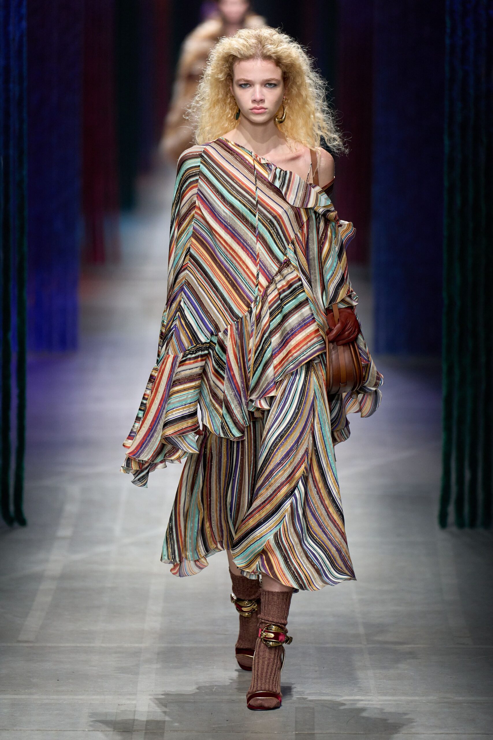 multi chiffon long-sleeve off-shoulder relaxed striped layered dress