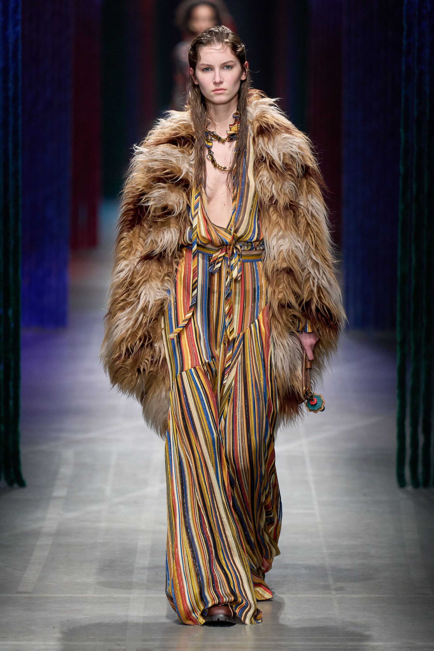 multi fur long-sleeve v-neck relaxed striped maxi gown