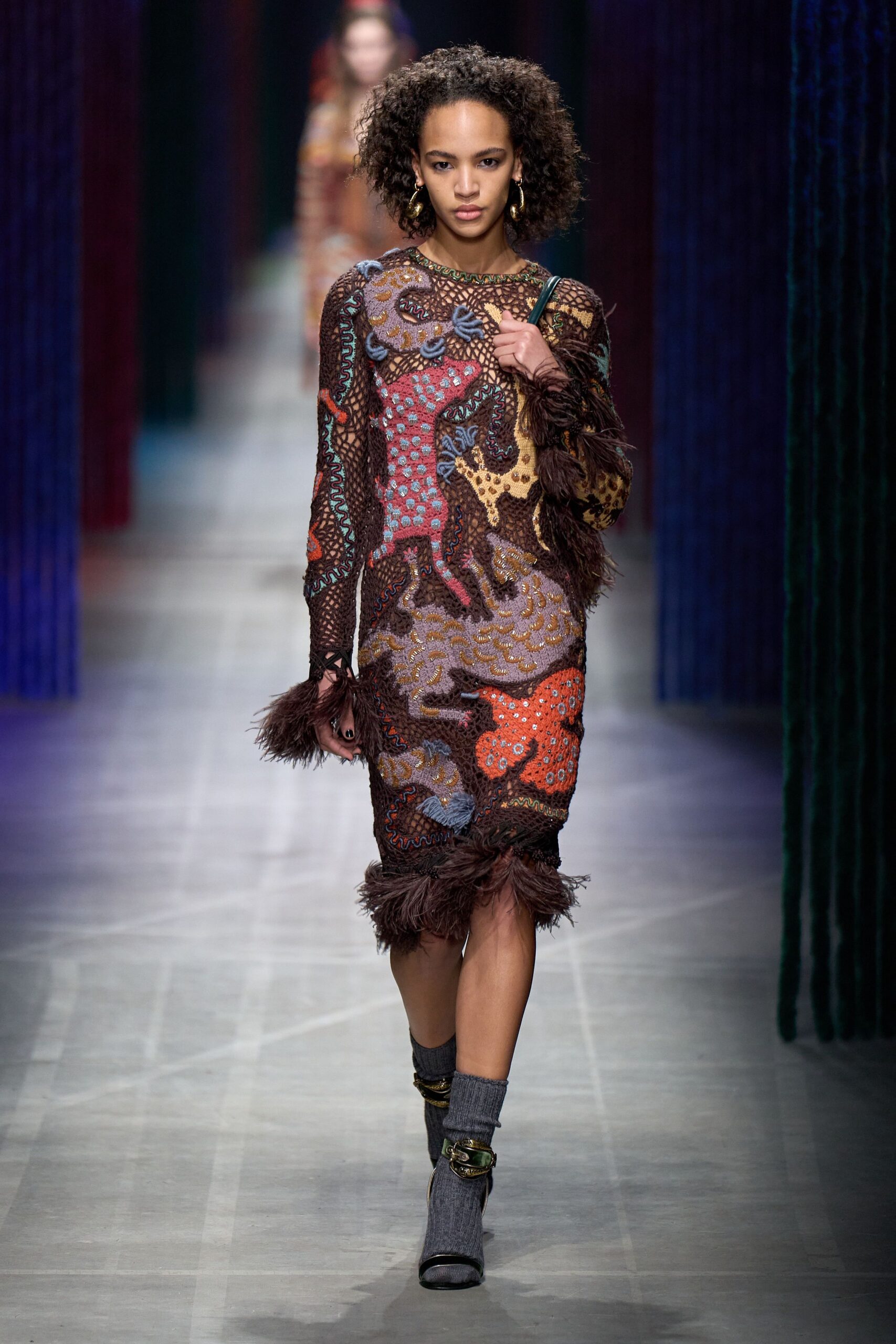 multi lace long-sleeve v-neck fitted embroidered fringed dress