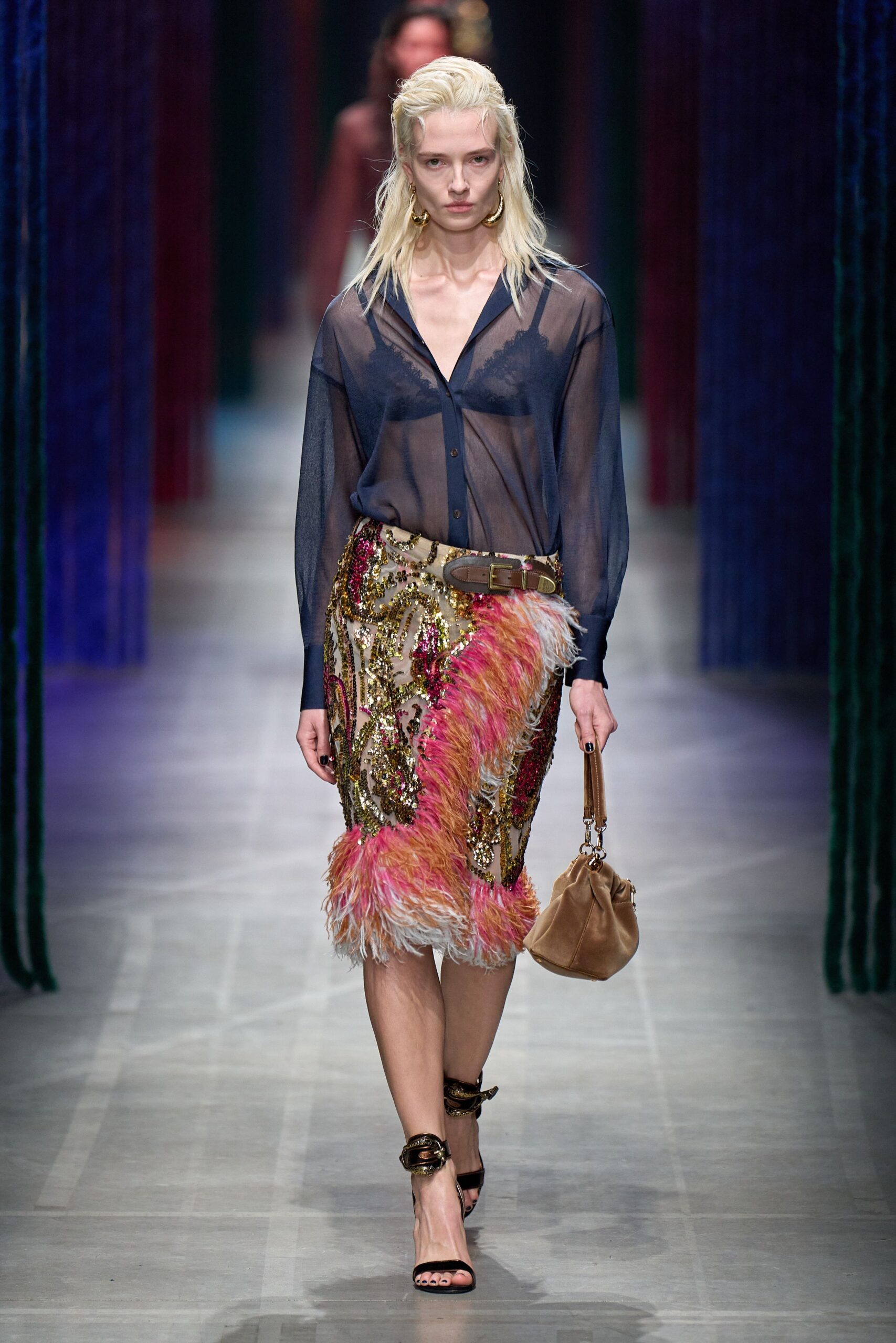 multi silk fitted fringed beaded skirt