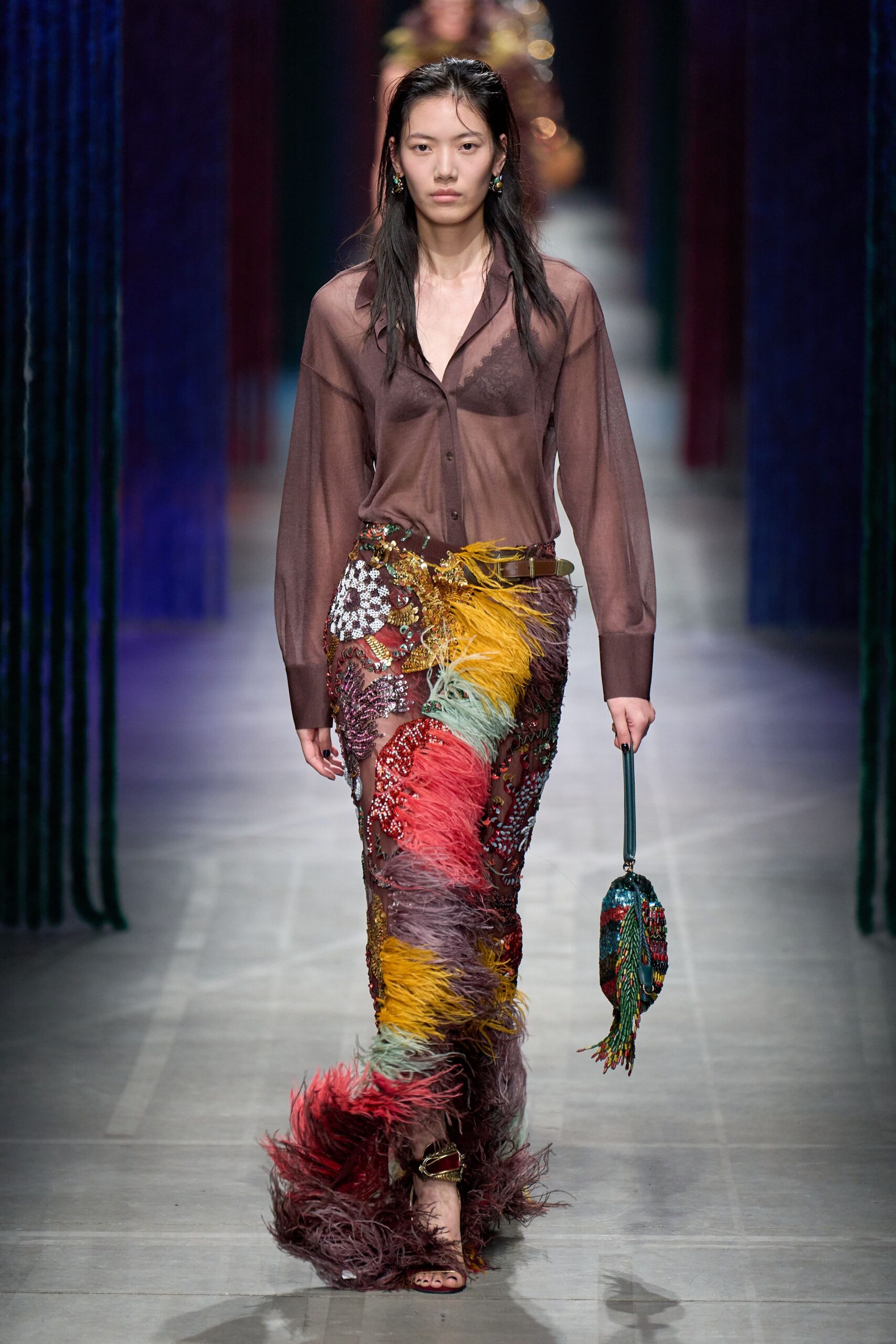 multi silk fitted fringed layered skirt