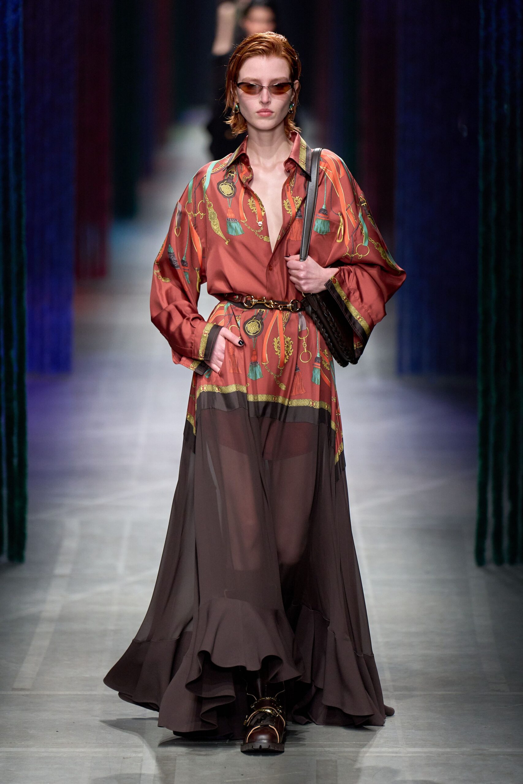 red silk long-sleeve collared relaxed printed tiered dress