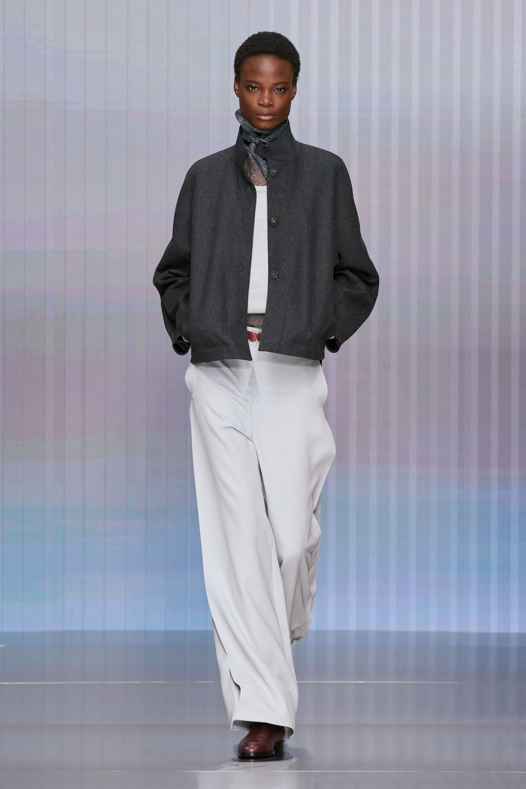 black wool relaxed jacket with white shirt and pants