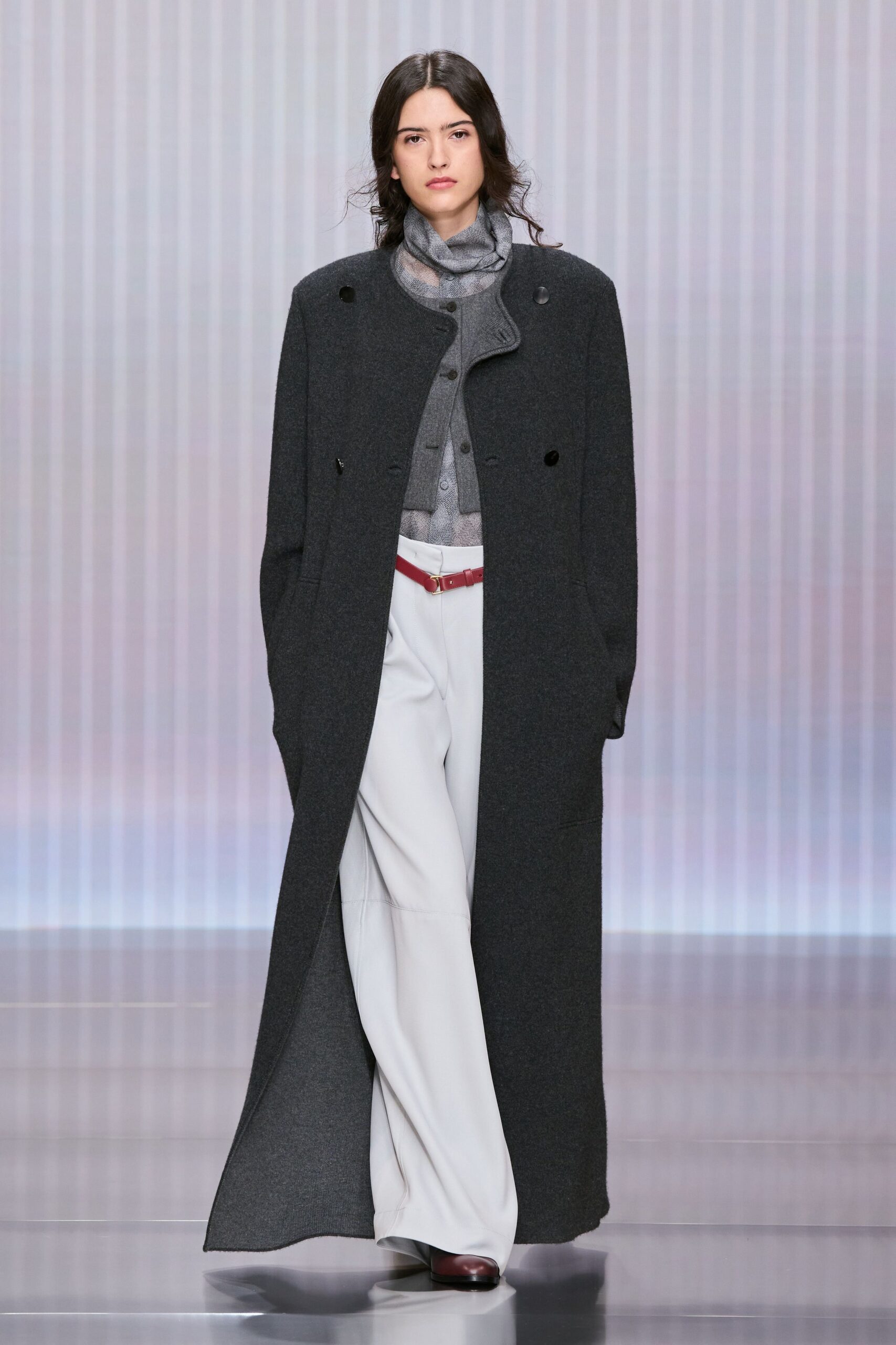 gray wool long-sleeve collared relaxed buttoned maxi coat