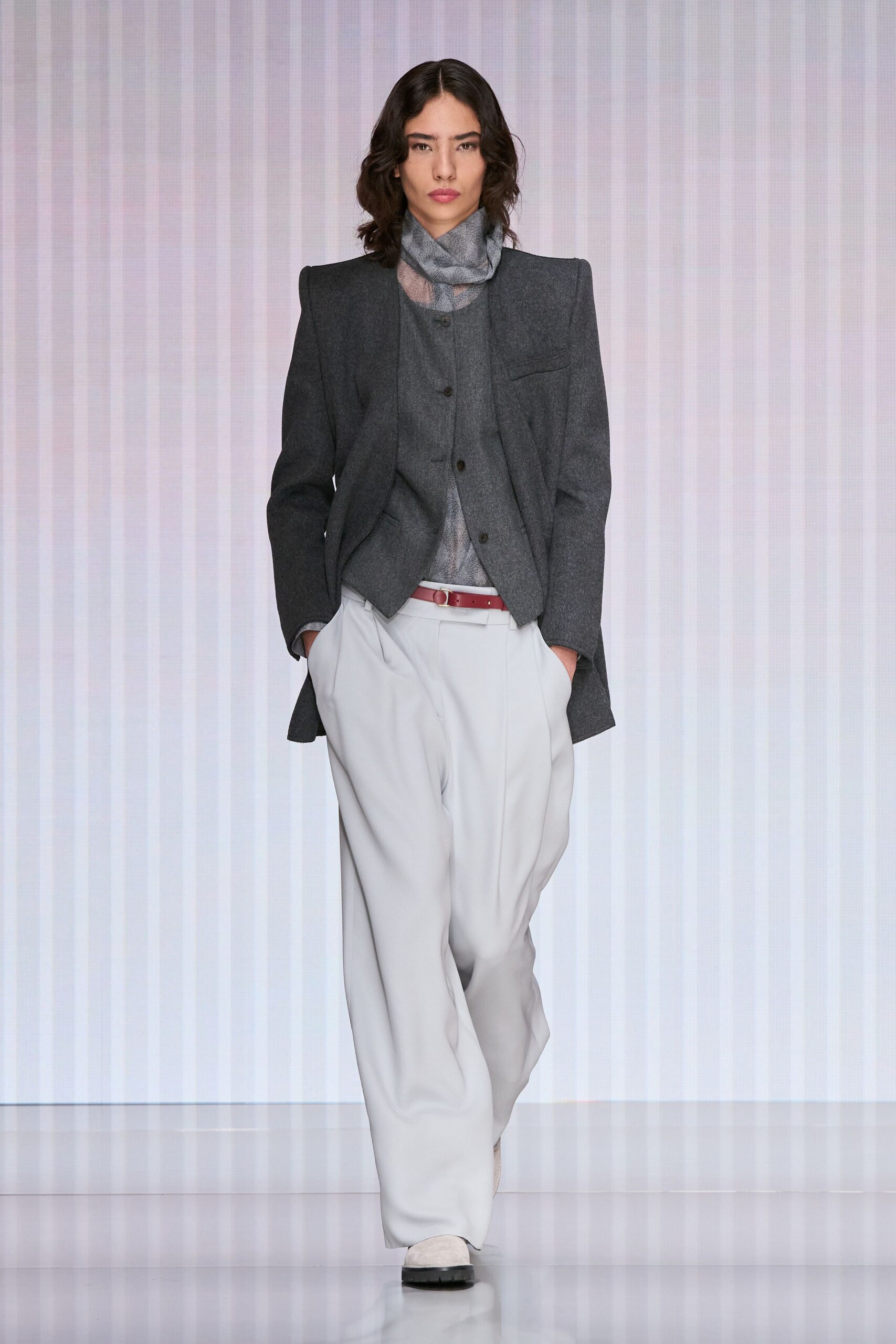 gray wool long-sleeve collared structured buttoned blazer
