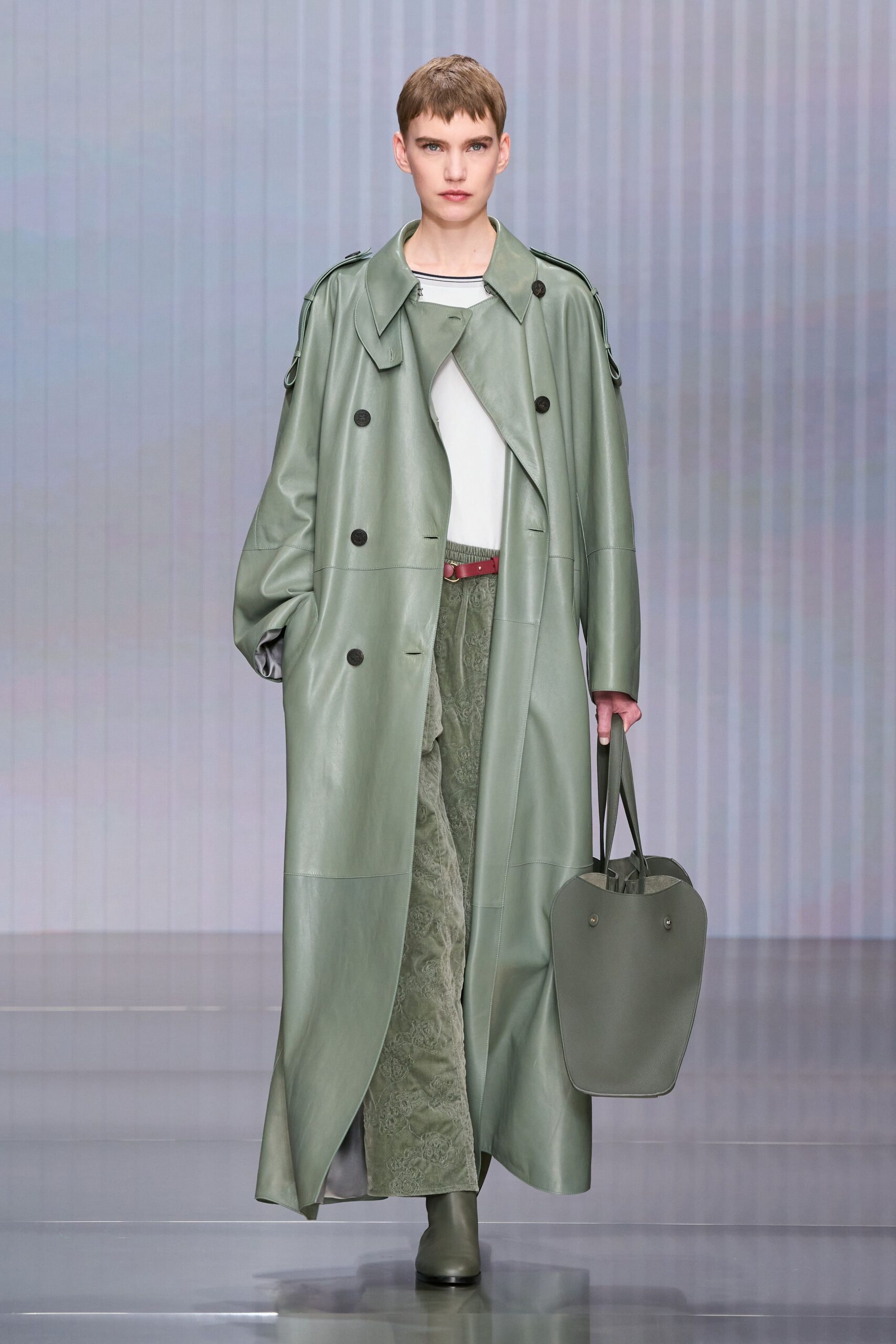 green leather long-sleeve collared oversized maxi coat