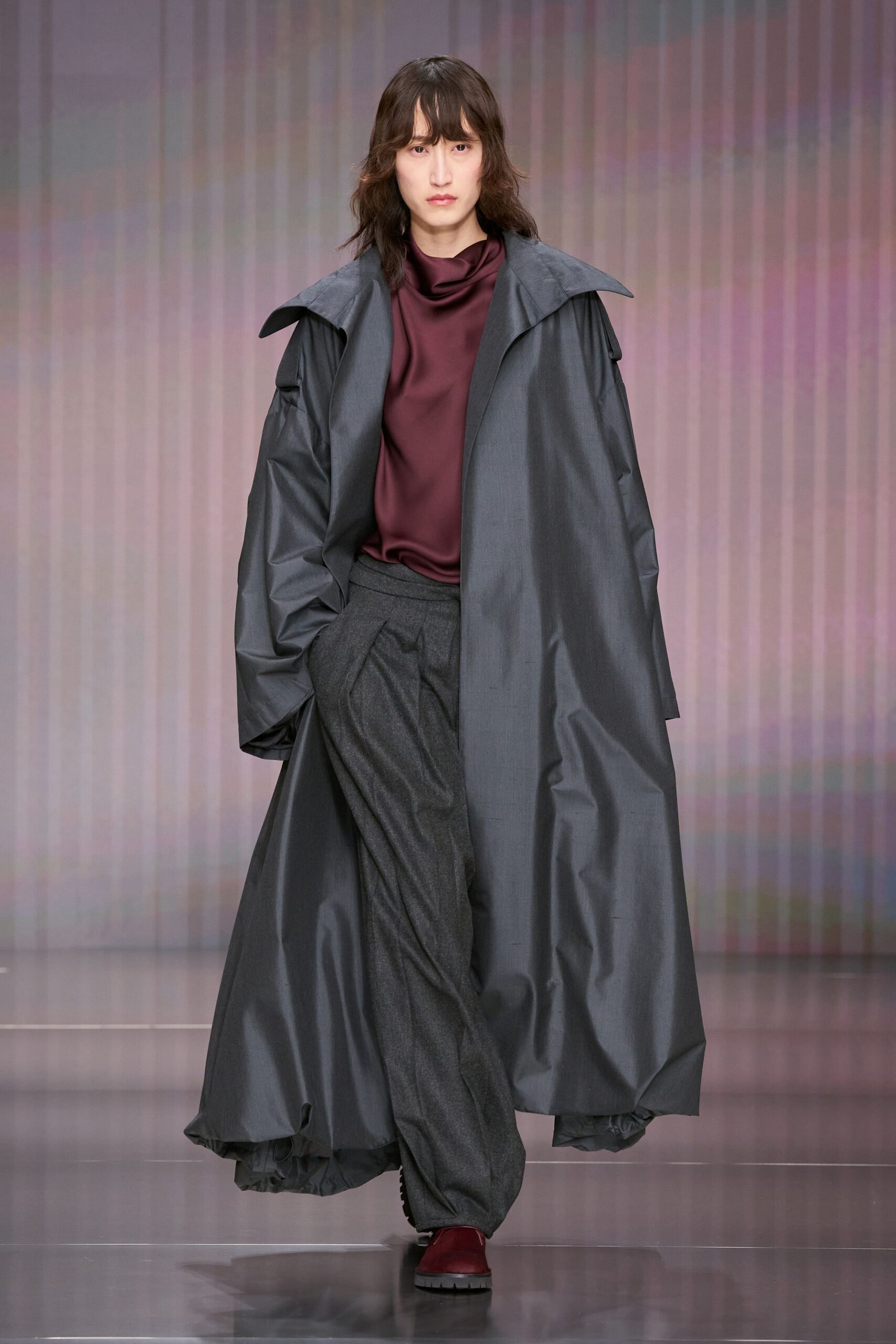 gray cotton long-sleeve collared relaxed layered maxi coat