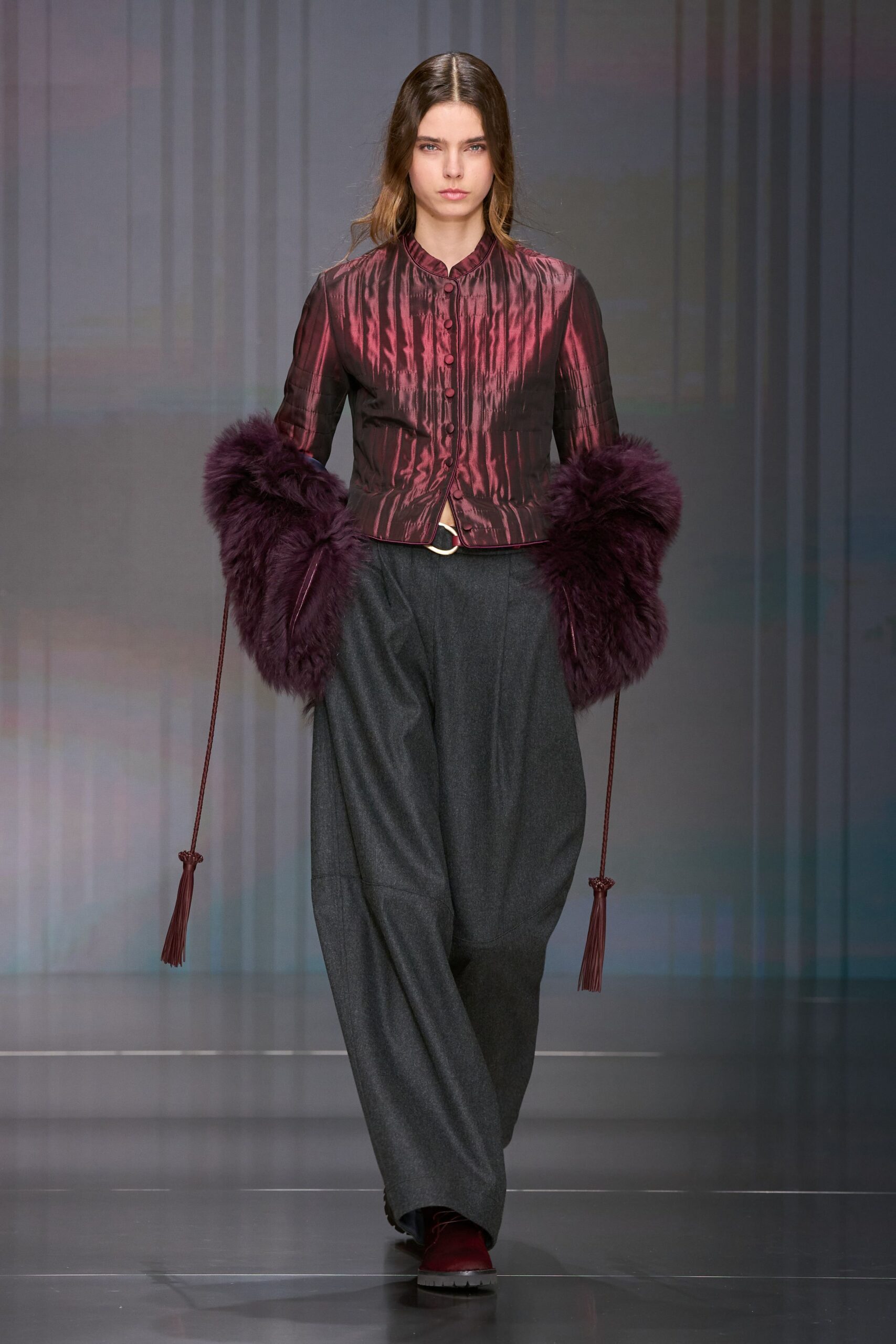 red silk long-sleeve collared fitted pleated jacket