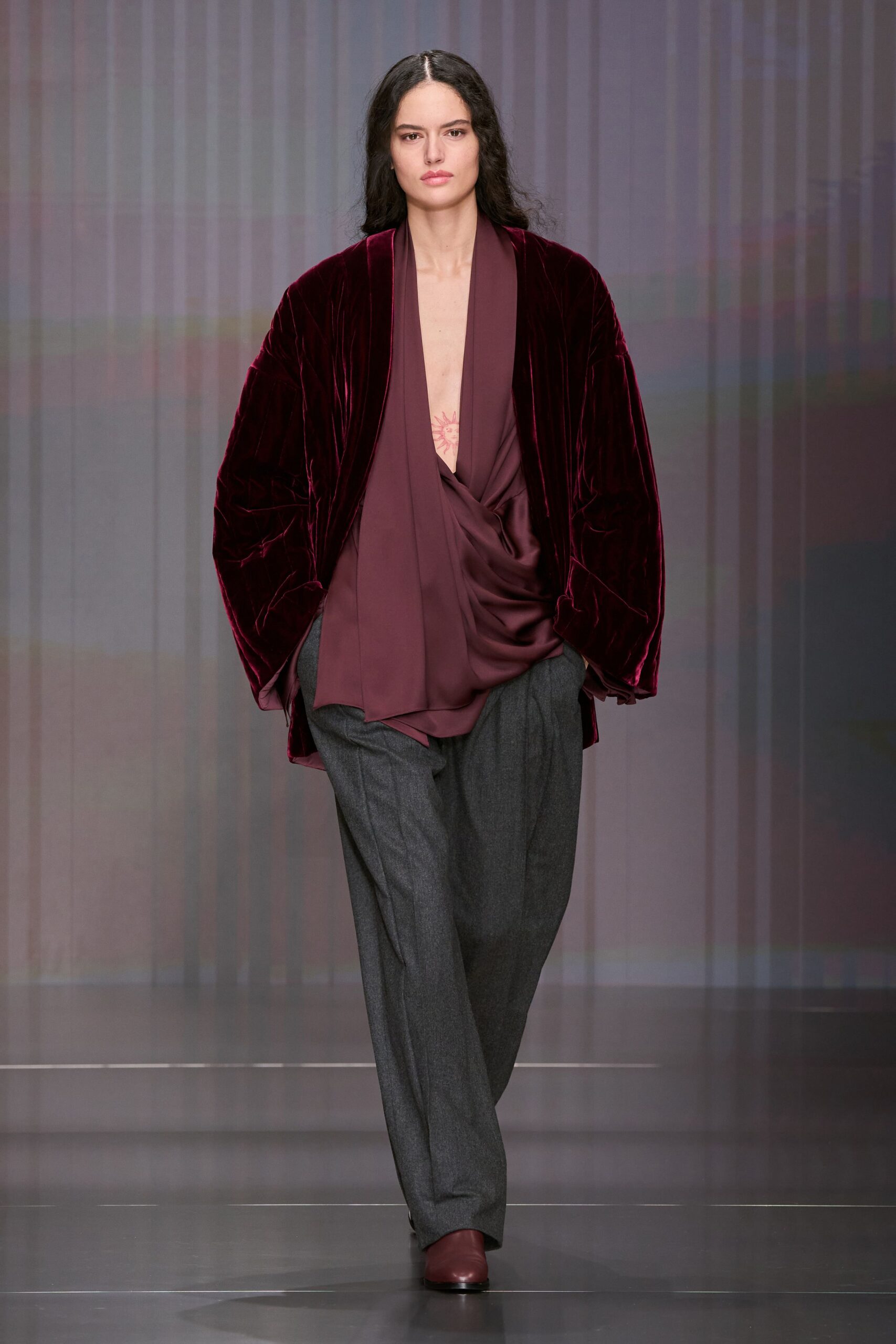 purple silk long-sleeve v-neck fitted draped top