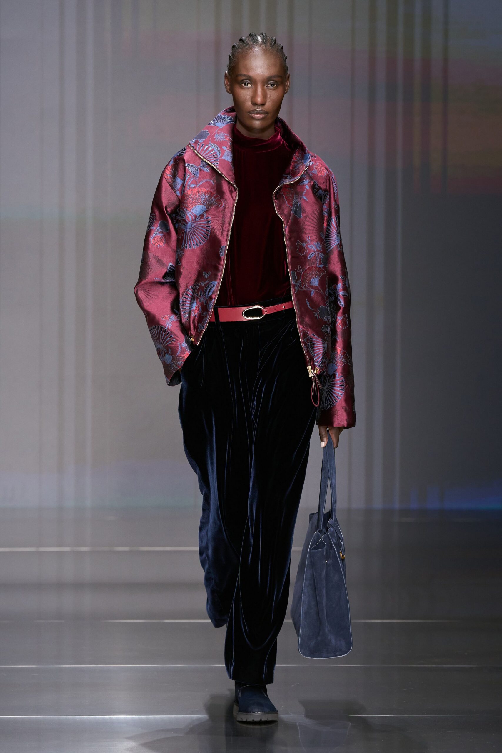red silk long-sleeve collared relaxed embroidered jacket