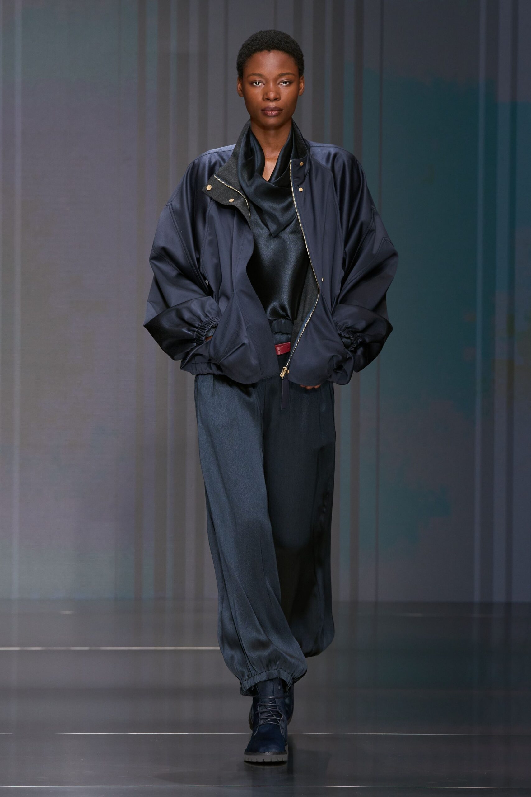 blue silk long-sleeve collared oversized jacket