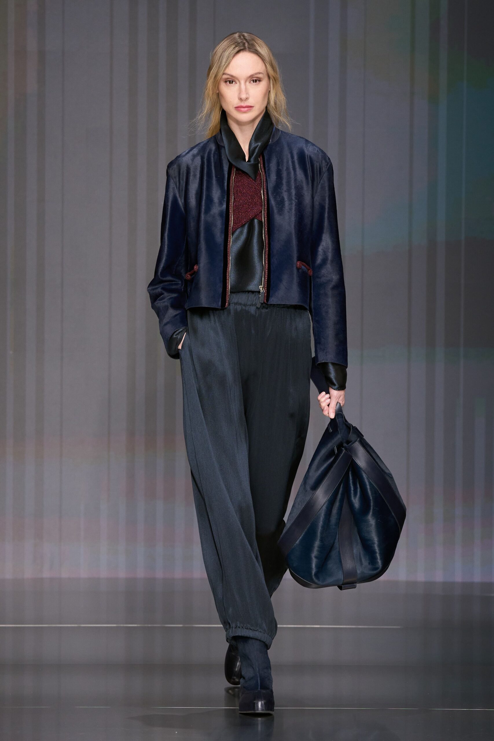 blue silk long-sleeve collared relaxed zippered jacket
