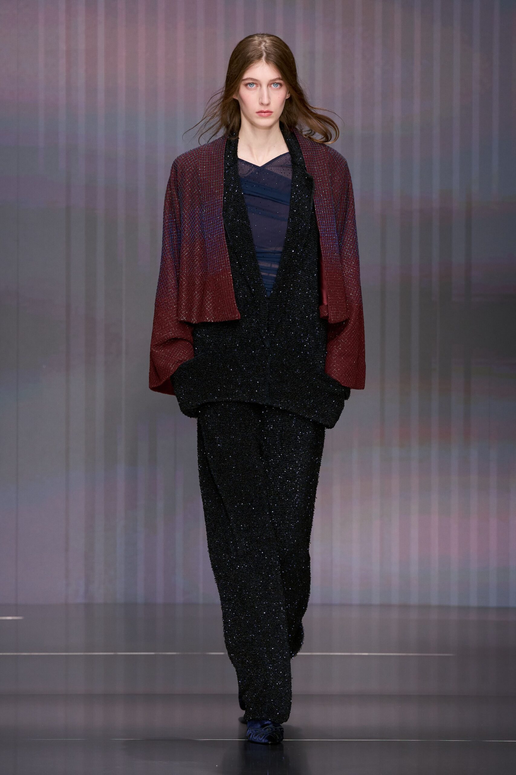 red silk long-sleeve relaxed layered shiny jacket