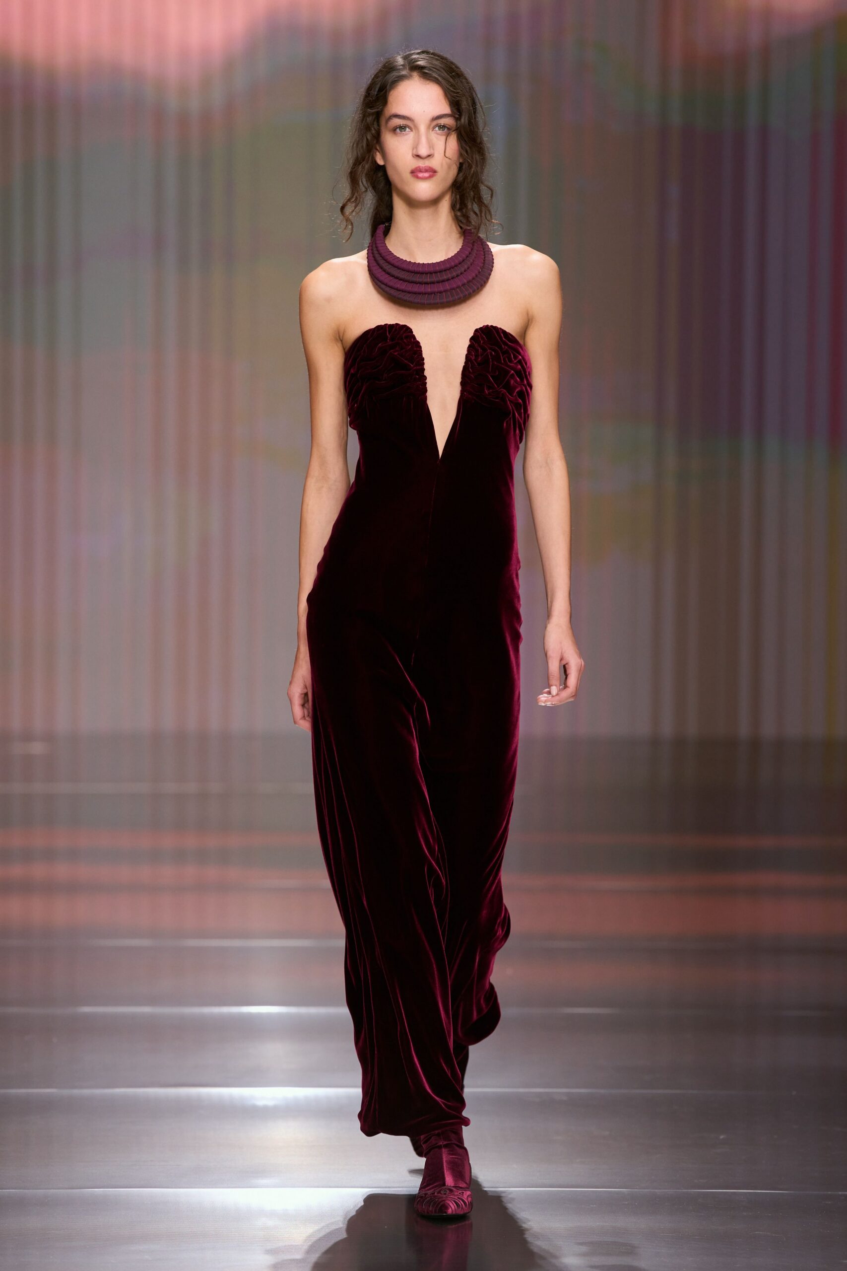 maroon velvet sleeveless v-neck fitted ruched maxi gown