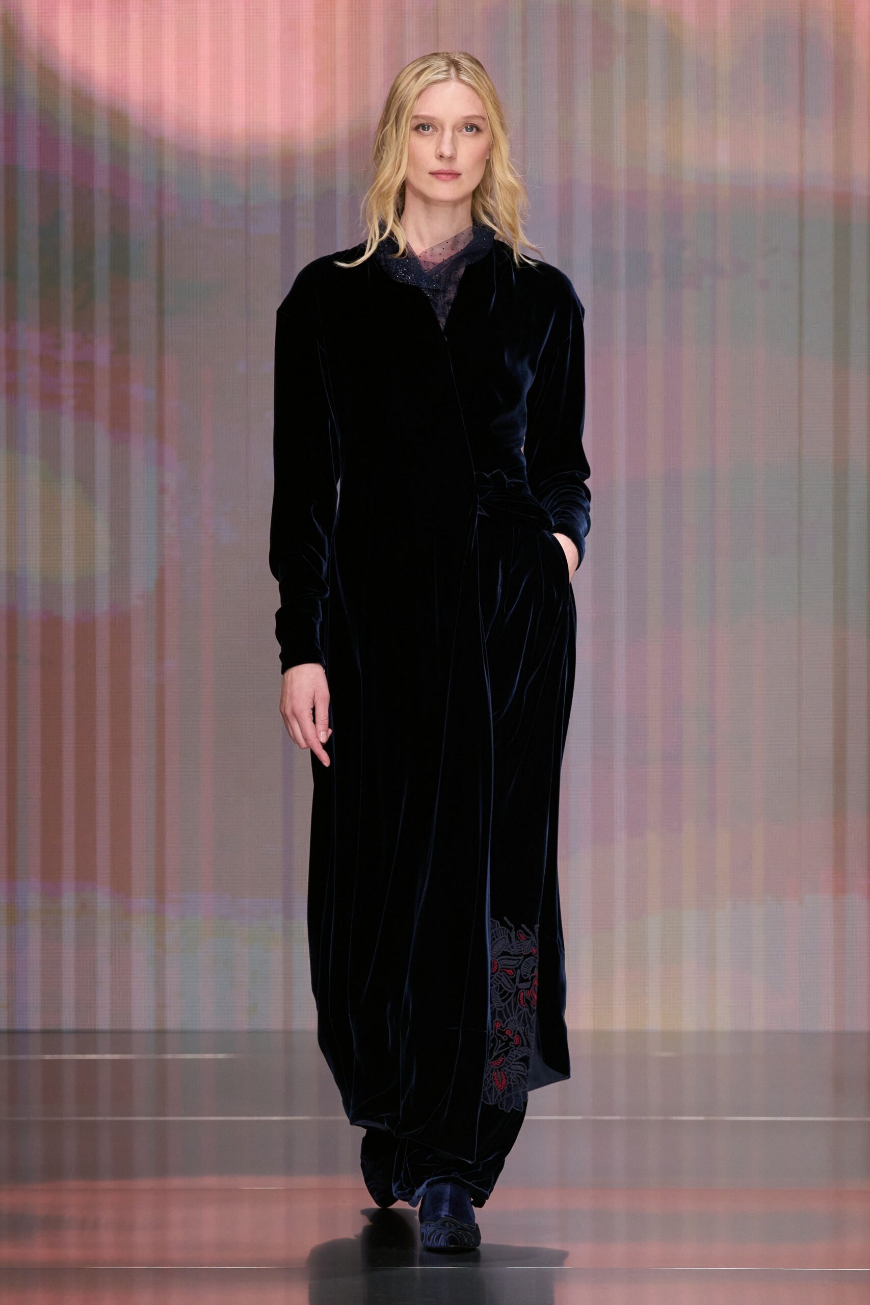 black velvet long-sleeve gown