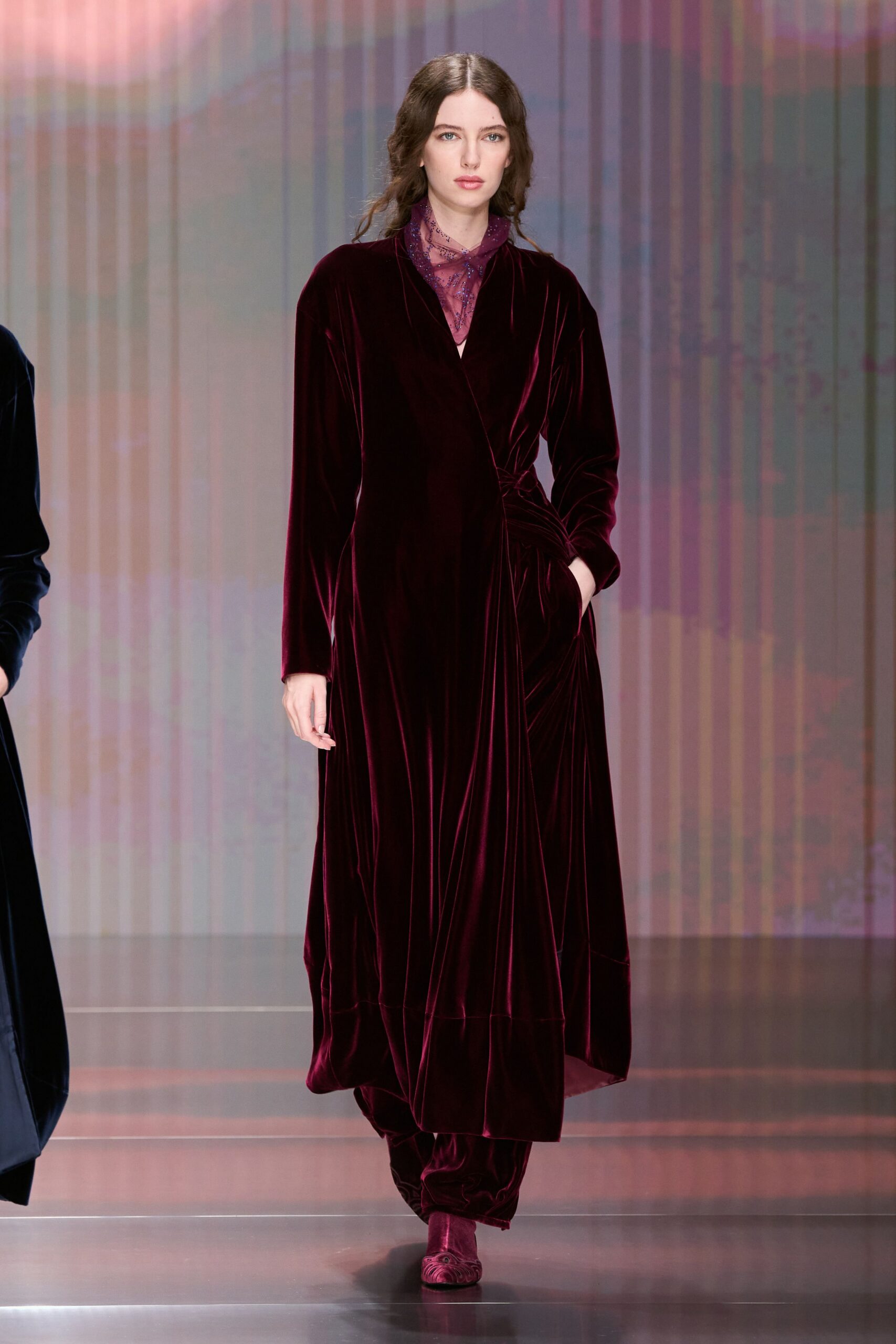 red velvet long-sleeve v-neck fitted belted layered gown