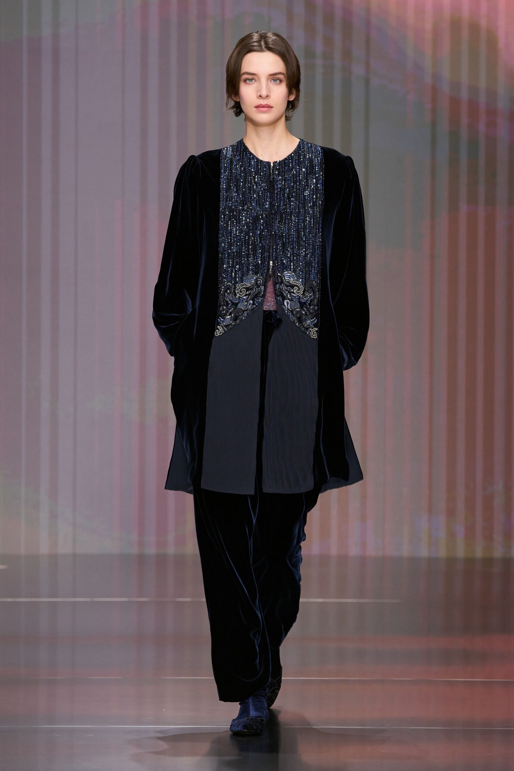 black velvet long-sleeve collared relaxed embroidered jacket