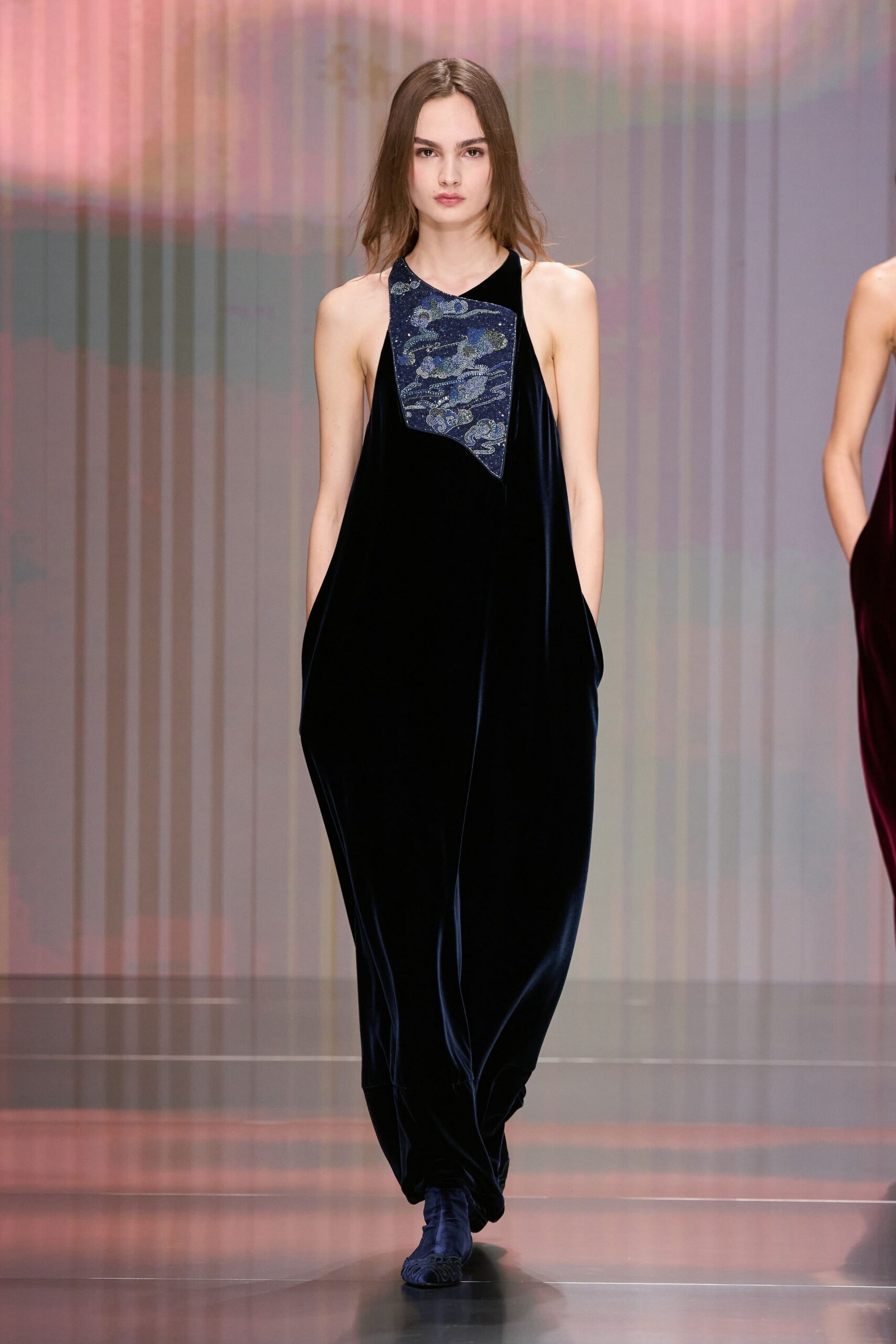black velvet sleeveless high-neck relaxed draped jumpsuit
