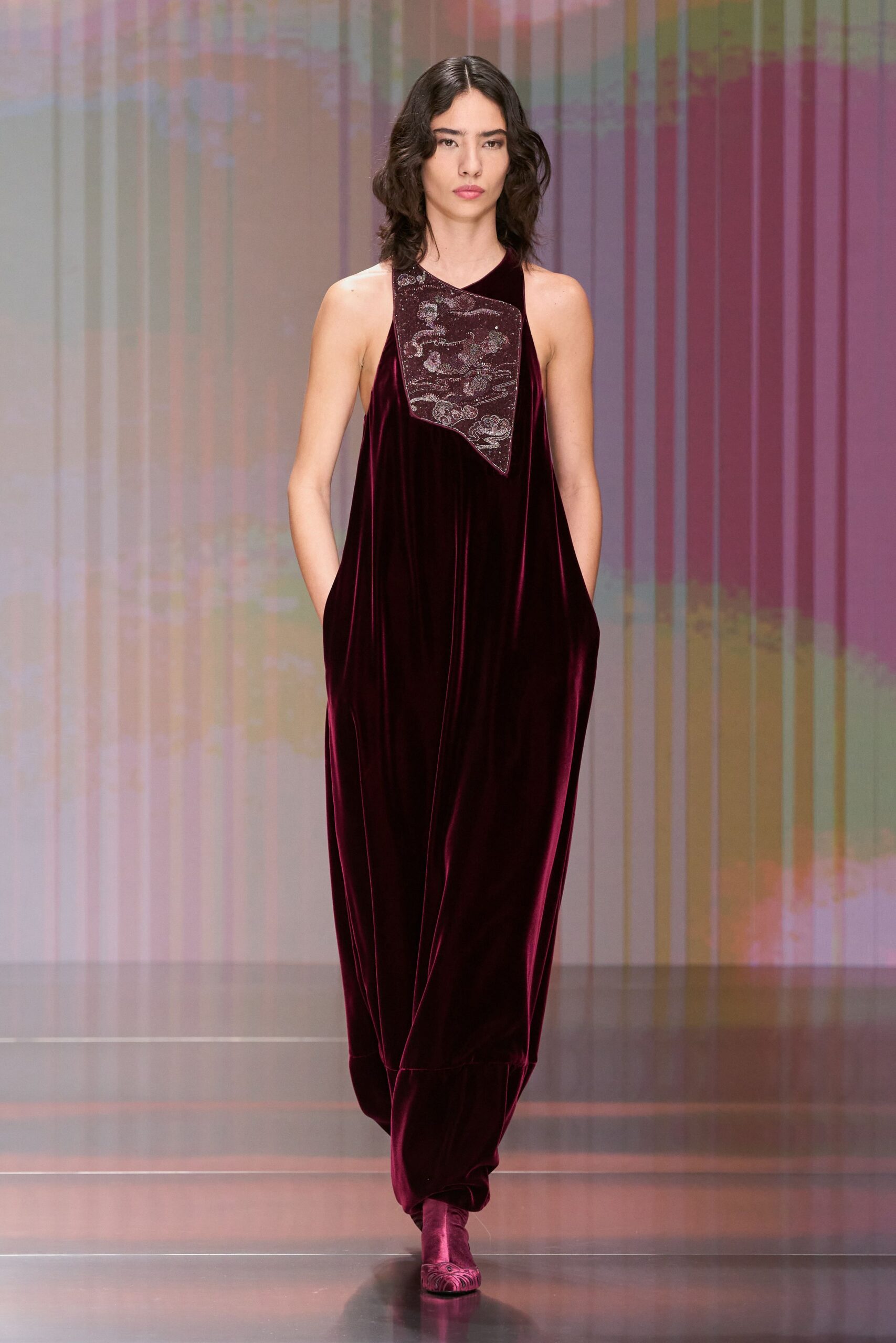 red velvet sleeveless high-neck relaxed draped maxi dress