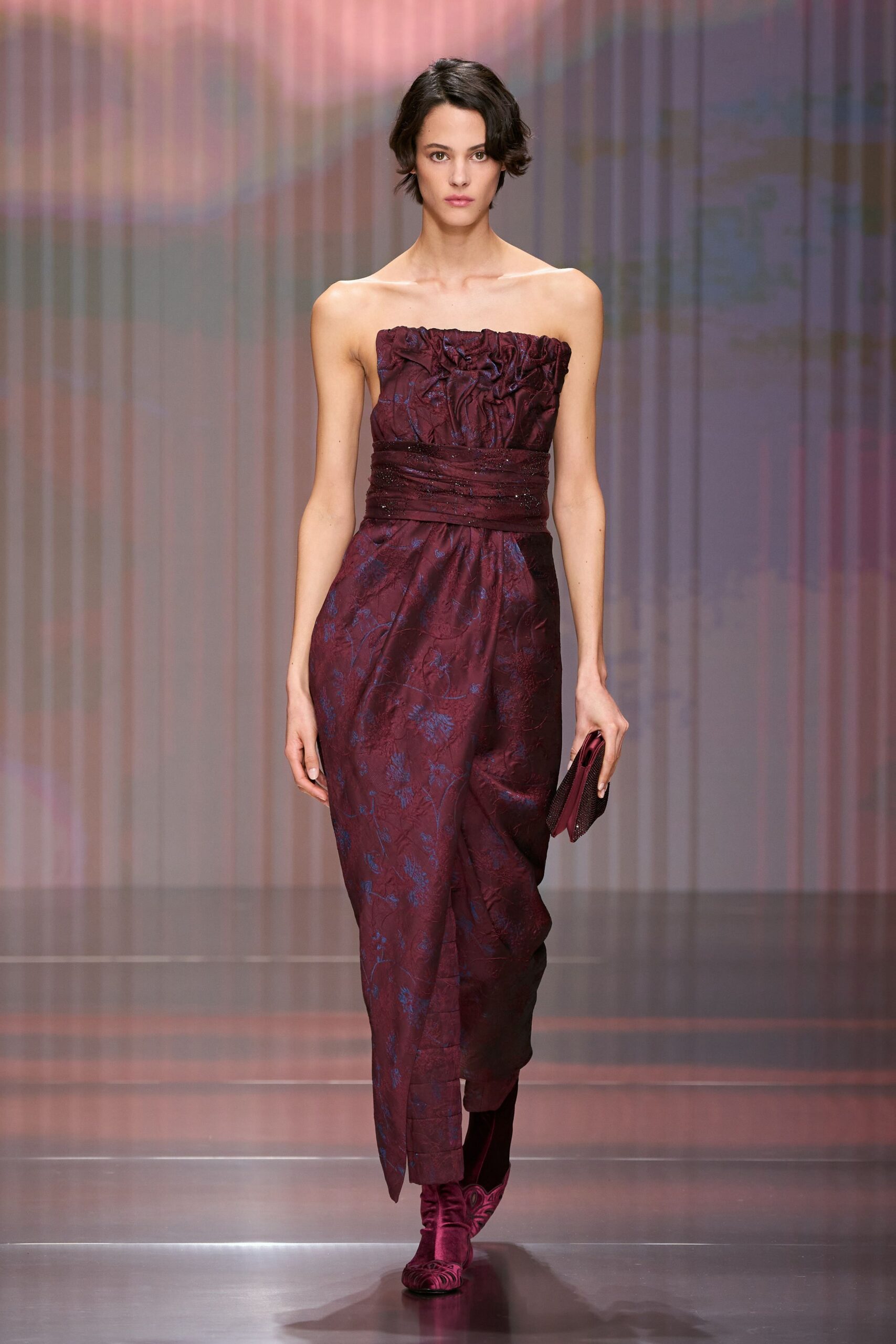 maroon silk strapless fitted ruched flared midi gown