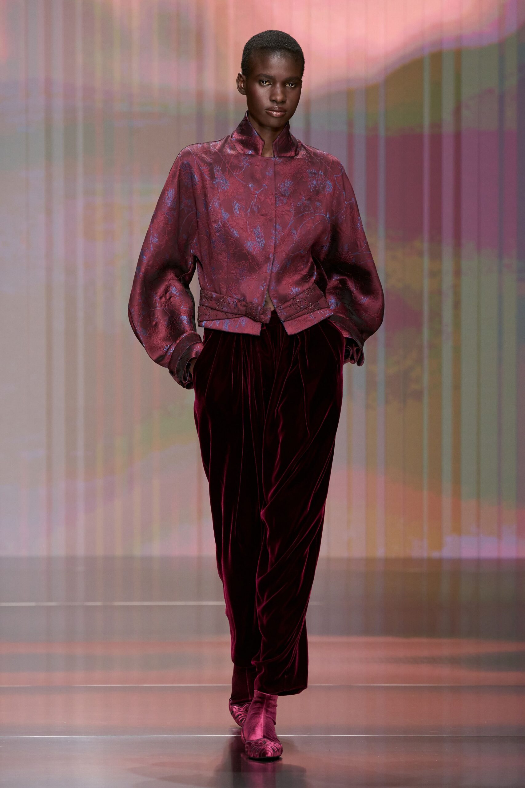 purple velvet long-sleeve collared fitted zippered shiny jacket
