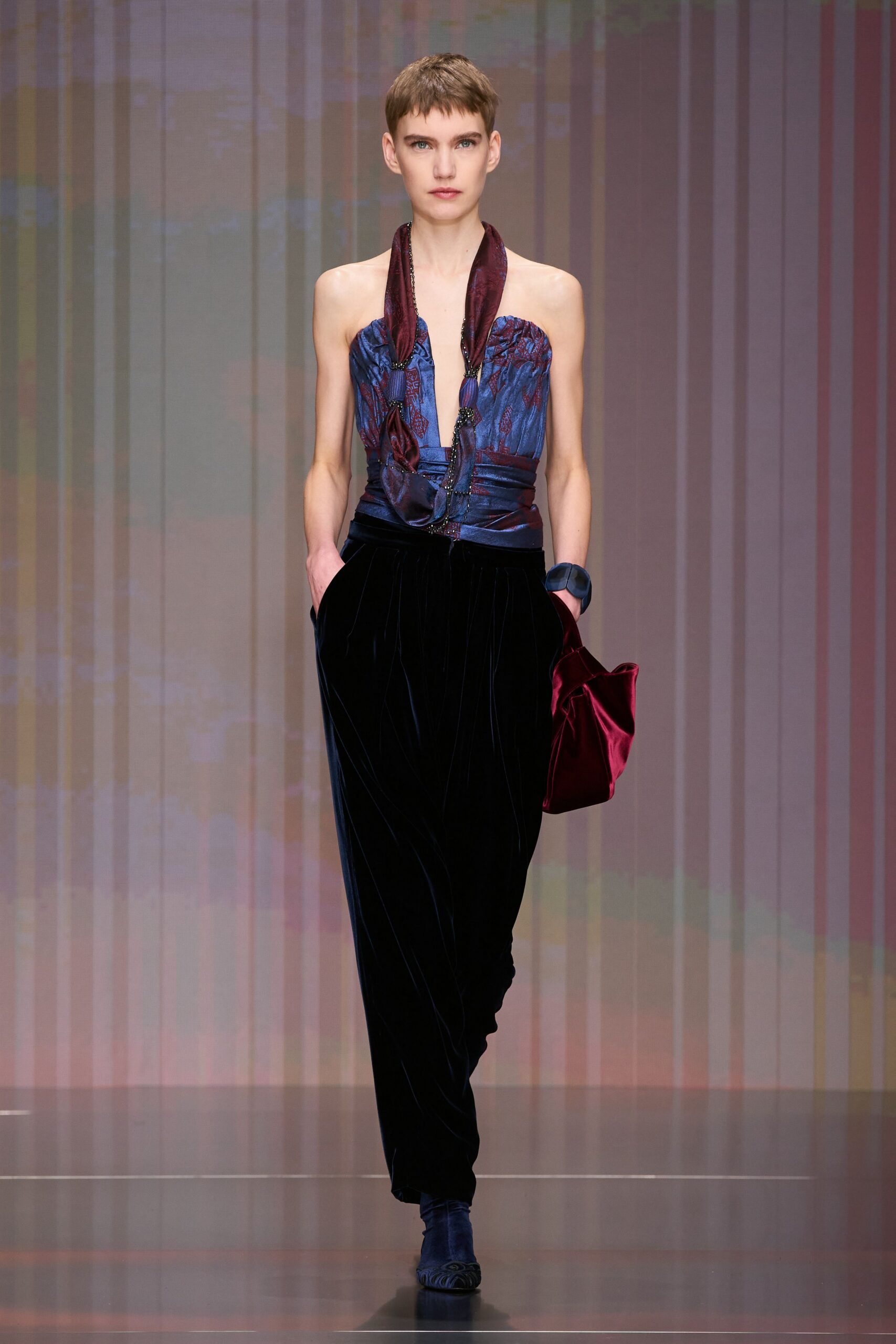 blue silk sleeveless v-neck fitted draped top