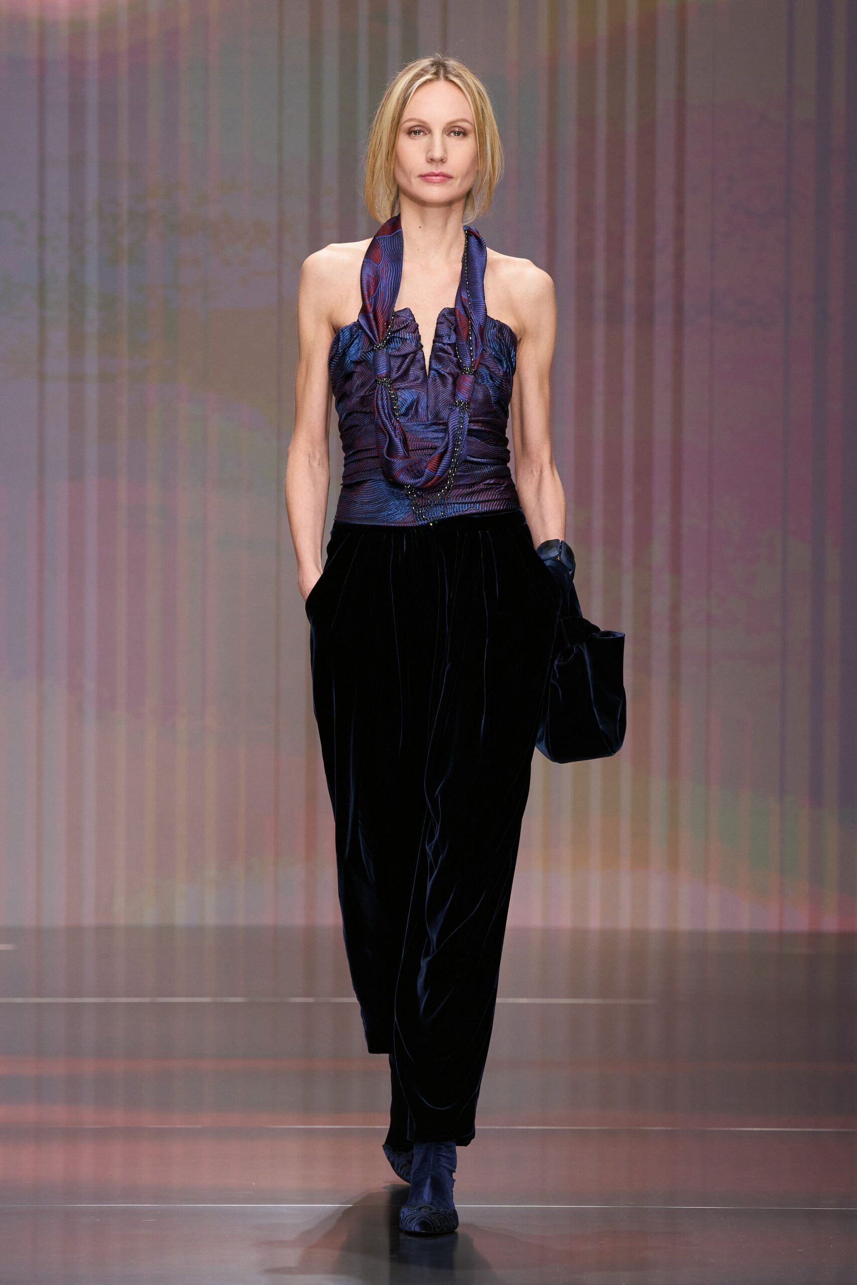 purple silk sleeveless halter fitted ruffled top