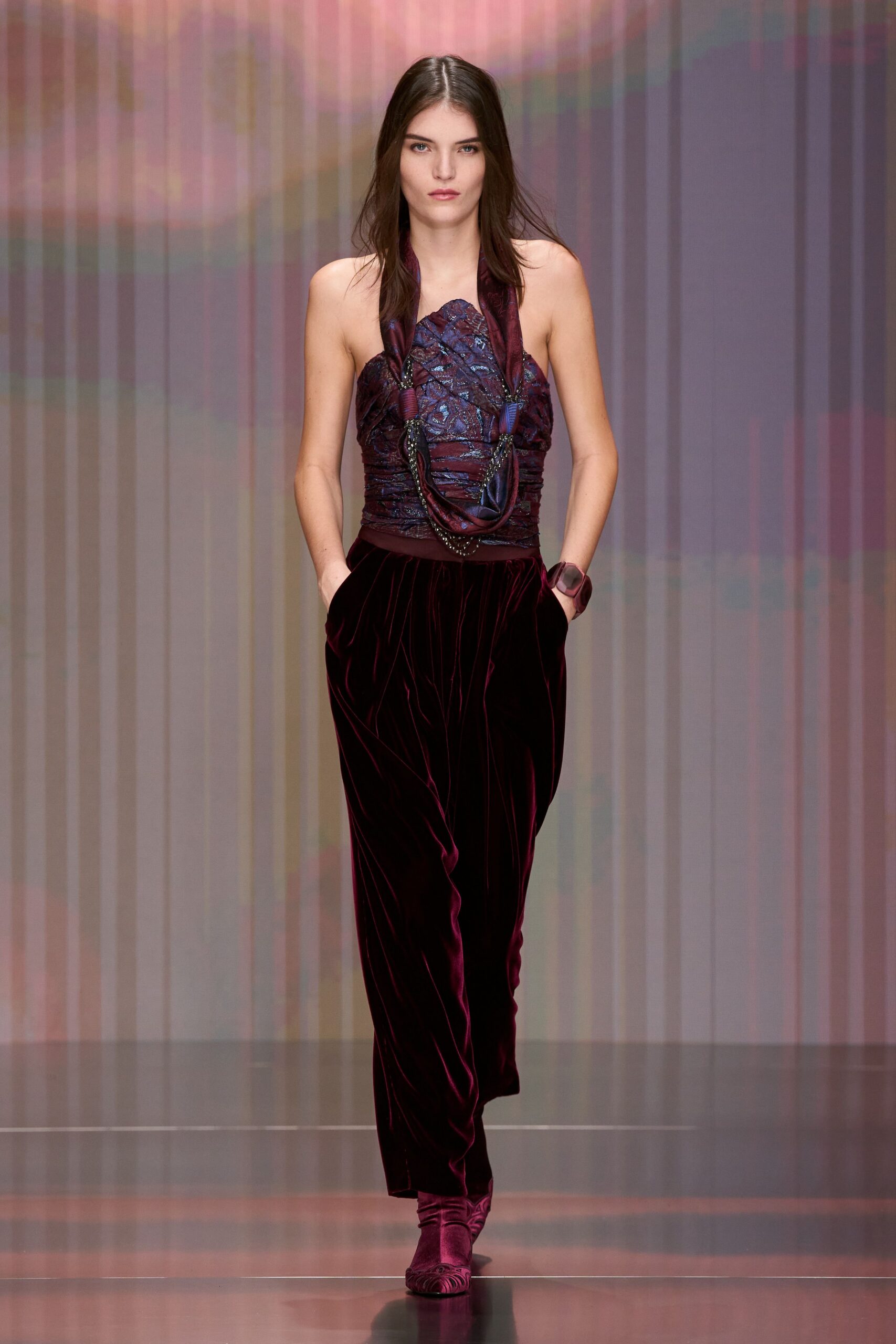 purple velvet sleeveless high-neck fitted embroidered top