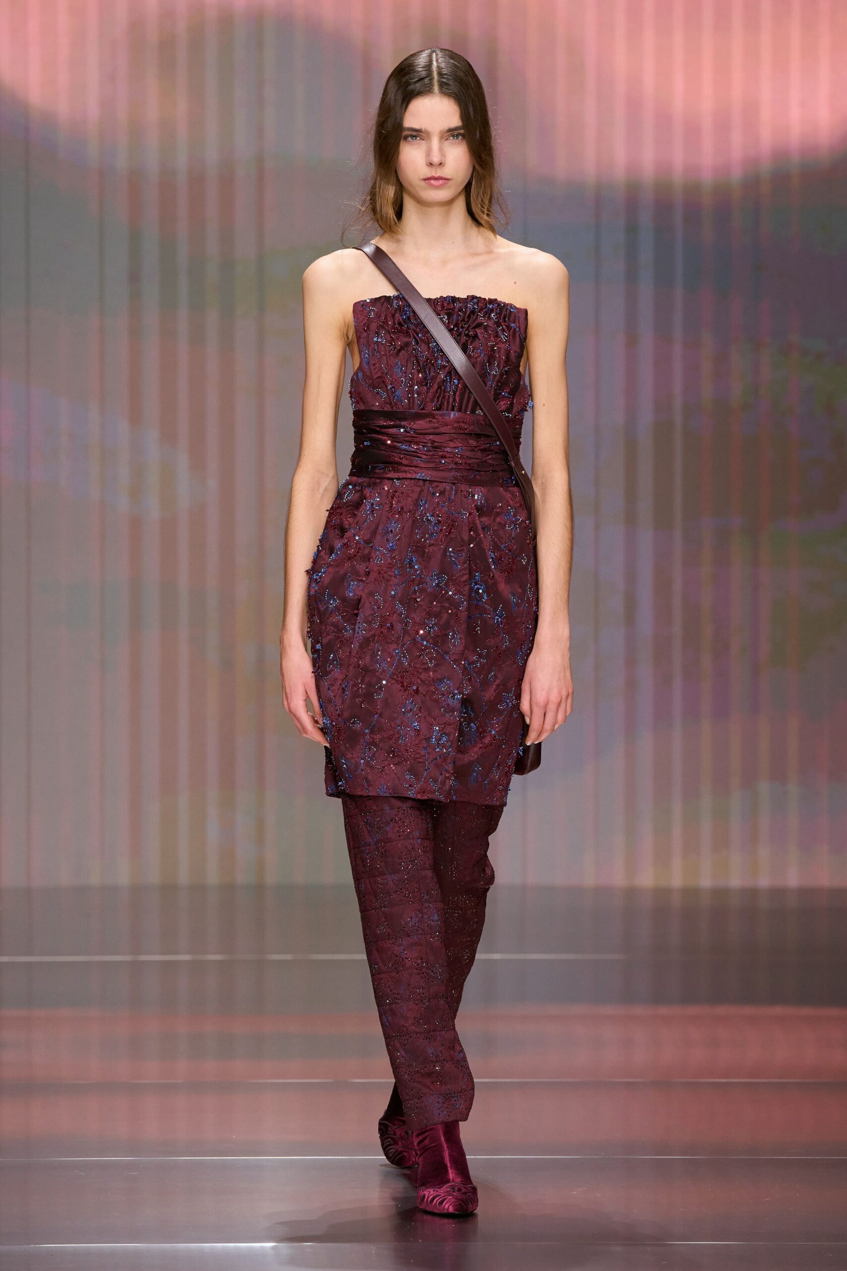 maroon silk strapless fitted pleated embroidered mini dress