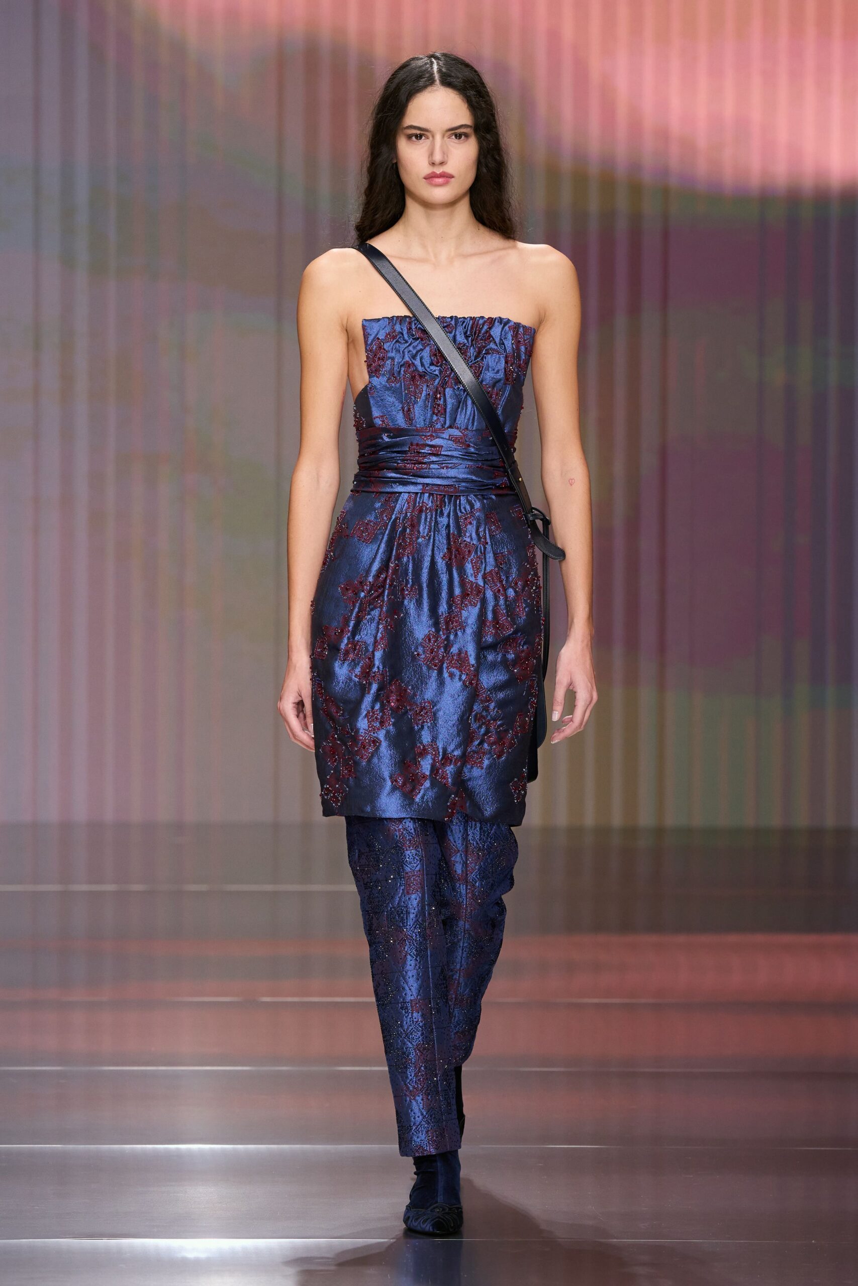 blue silk strapless fitted pleated embroidered mini dress