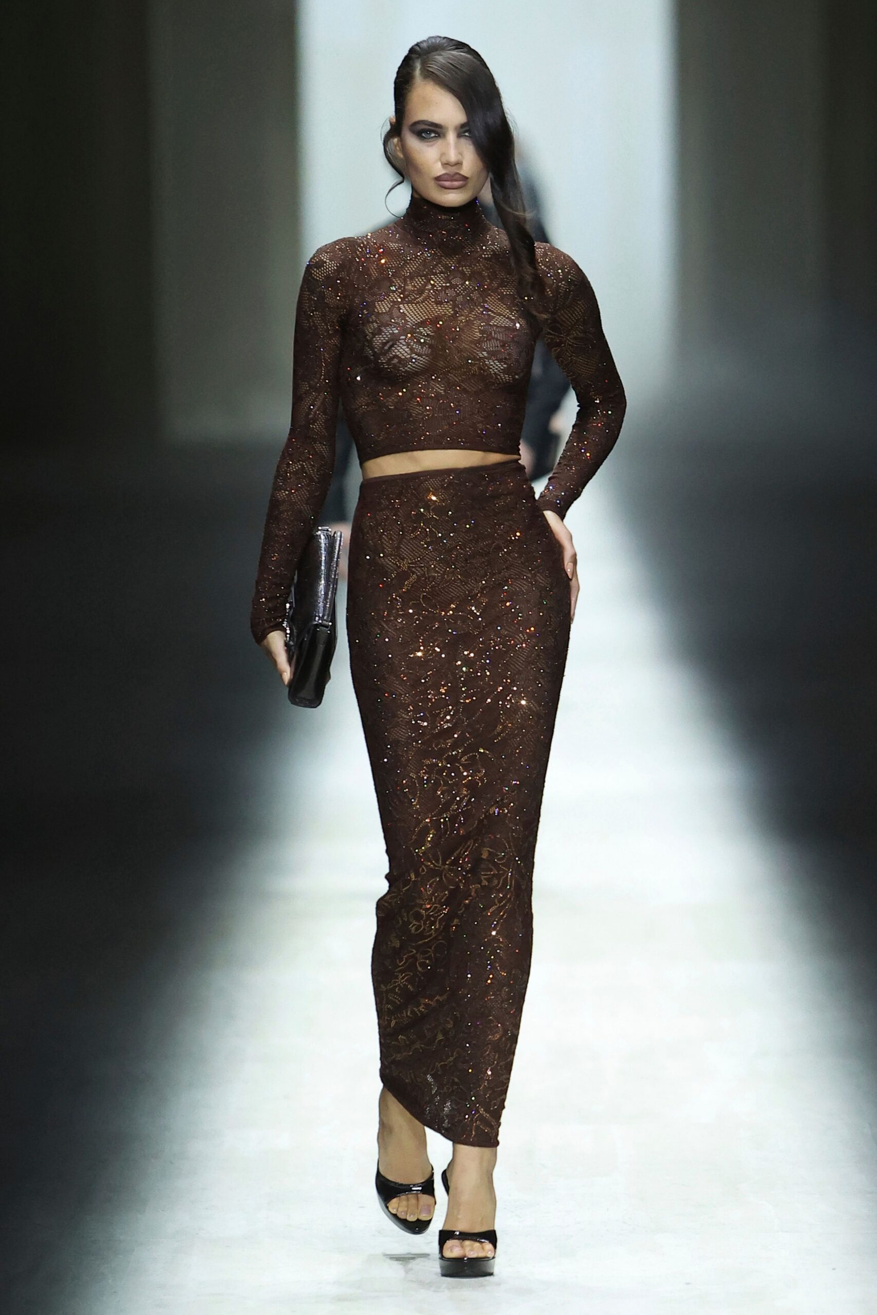 brown mesh fitted sequined straight-leg sheer skirt