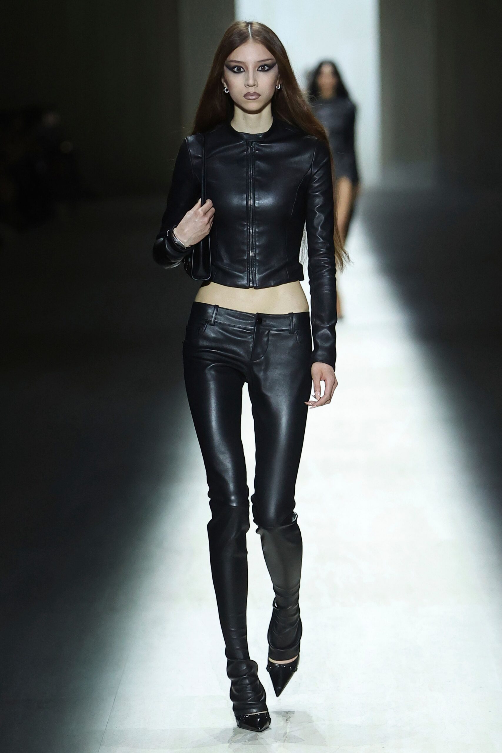 black leather long-sleeve fitted zippered top