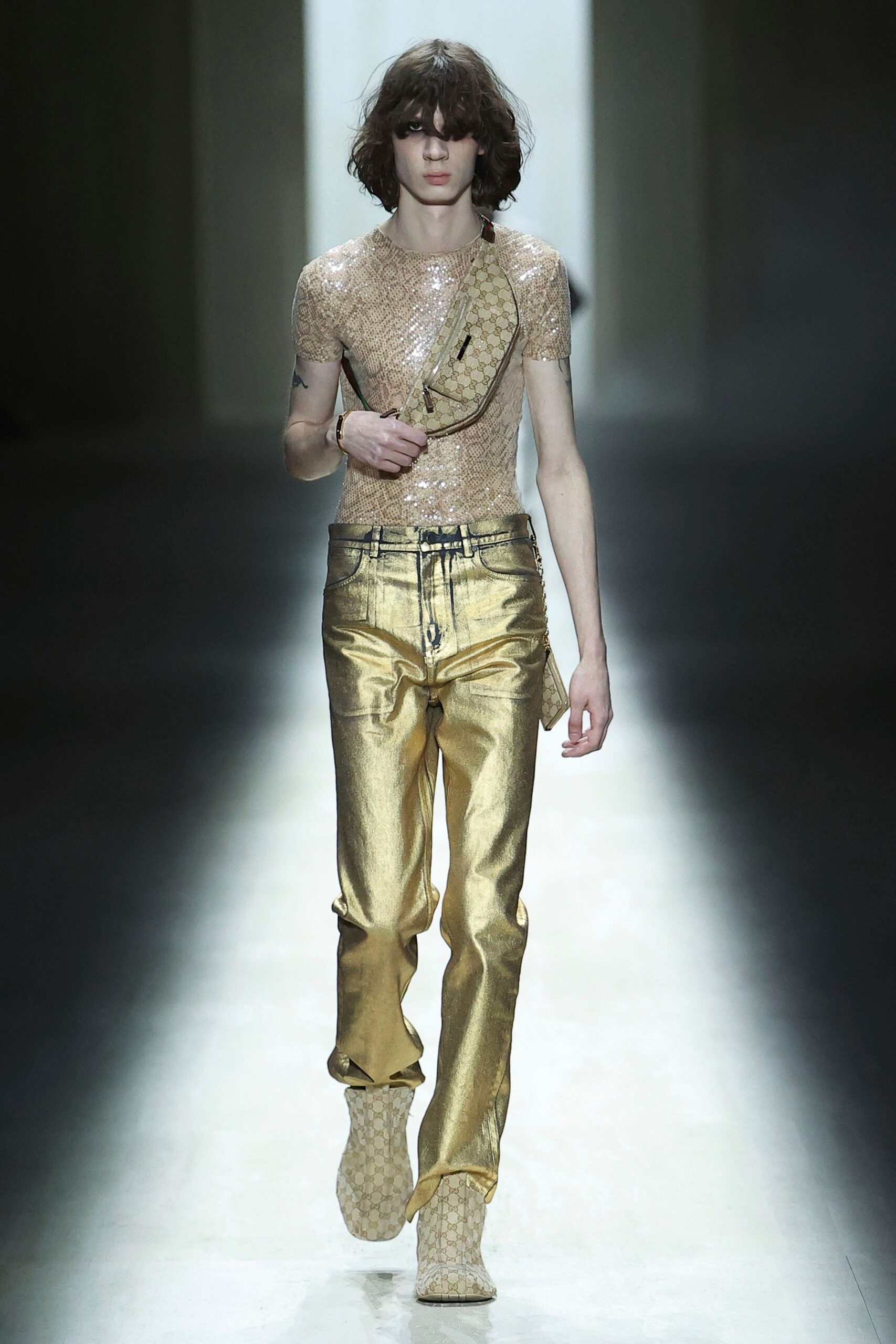 gold mesh sleeveless high-neck fitted textured sheer top
